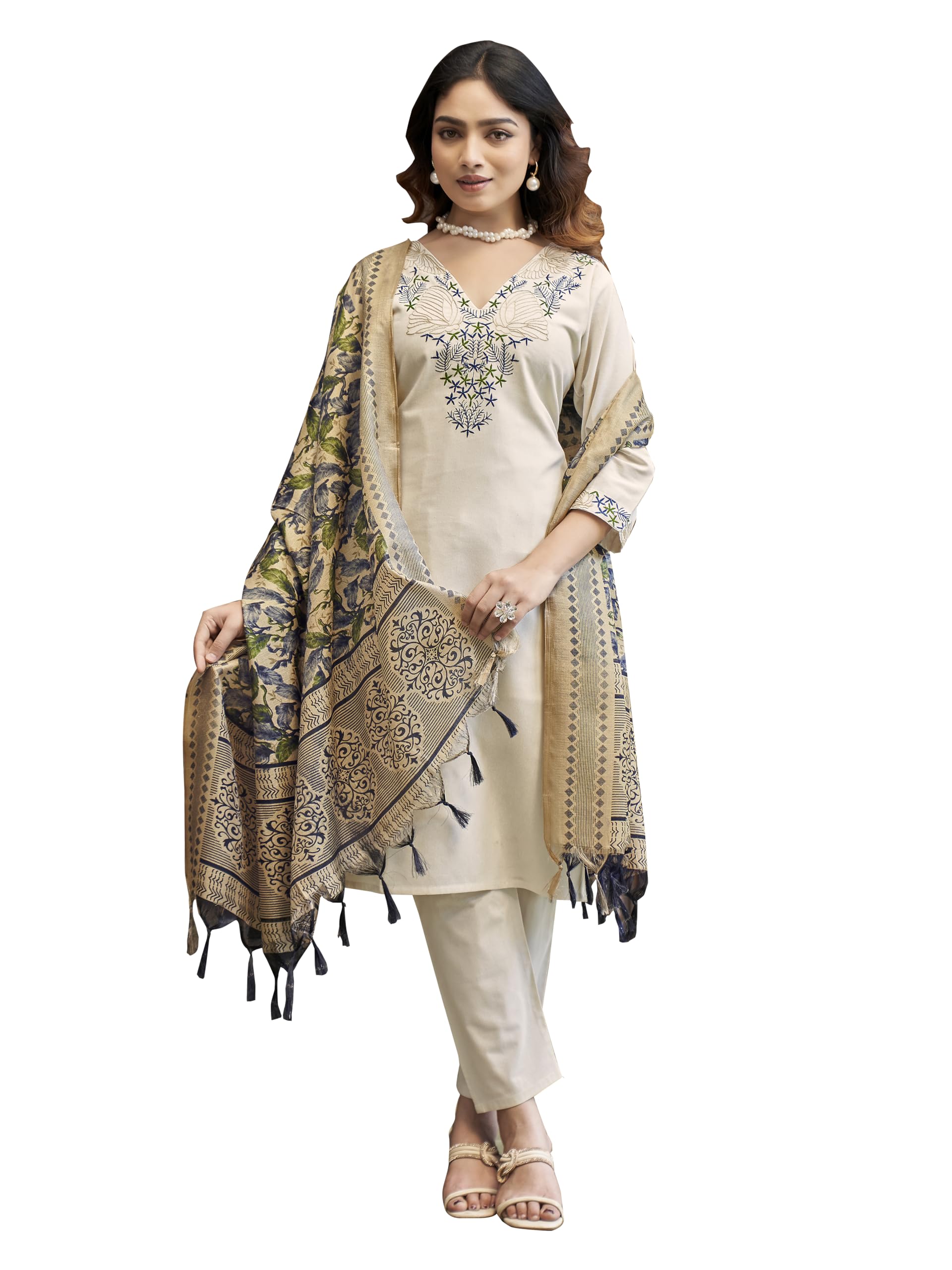 Women's Khadi Cotton Embroidered Work Straight Kurta Dupatta Pant Set-image-6
