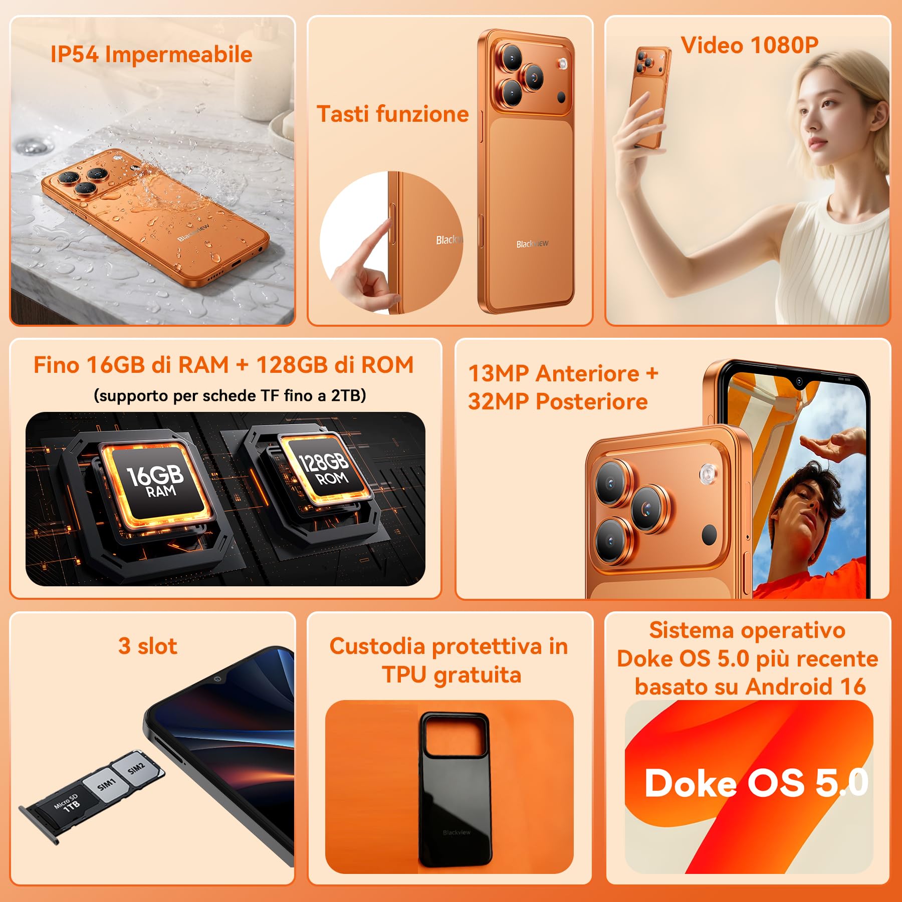 Blackview WAVE 7C Smartphone Offerta Android 16, 32MP+13MP 6.56", 16GB+64GB/2TB TF Cellulari, Telefono Cellulare Offerta 5000mAh/3.5mm/IP54/WiFi 5G/Face ID/3 Slot Per Carte,3 Anni Garanzia