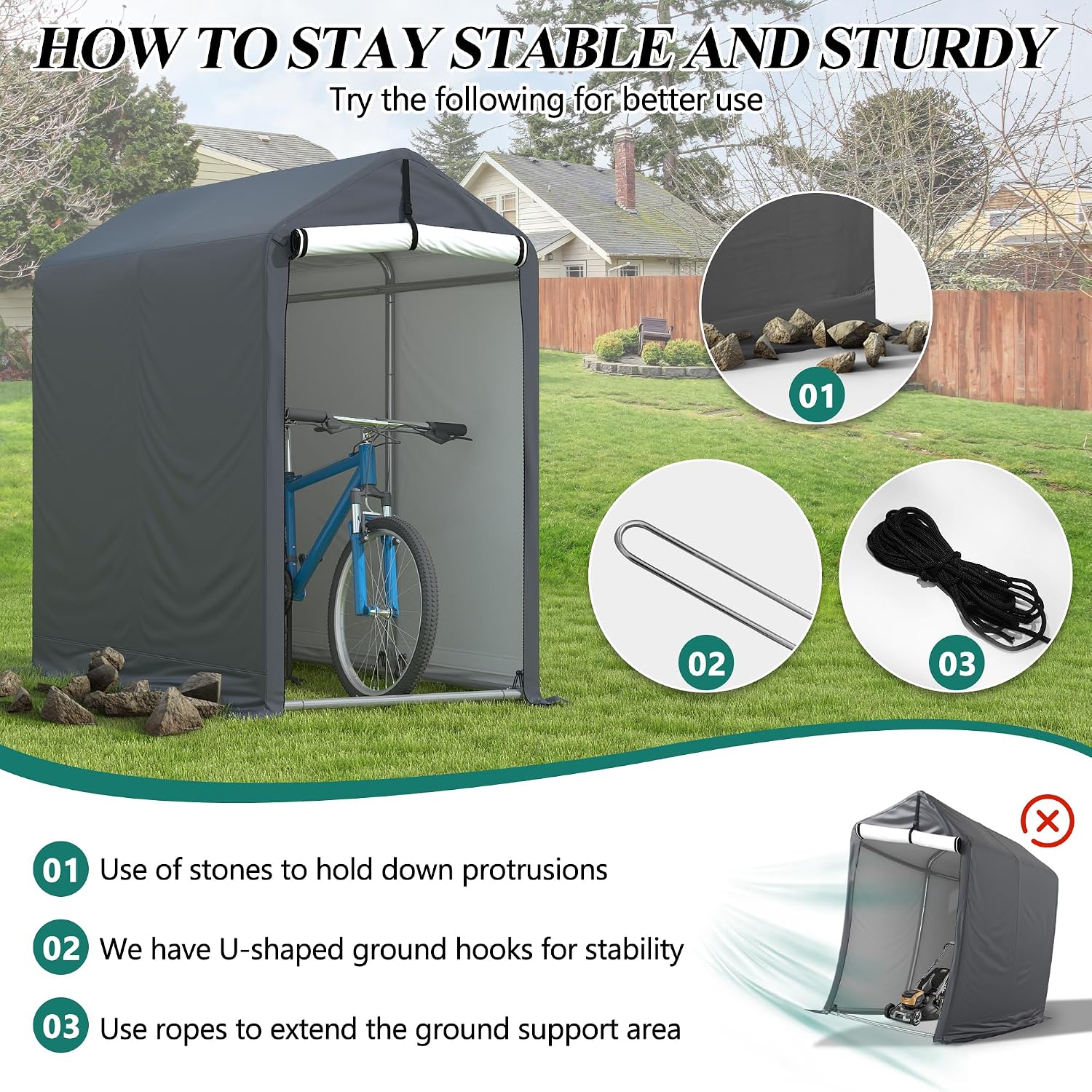 GARTOO 6 x 3ft Outdoor Cycle Storage Shelter - Bike Shed with Roll-up Door & Ventilate Window, Polyethylene Canopy Bicycle Garage for Garden, Domestic, Outdoor, Rain Shelter