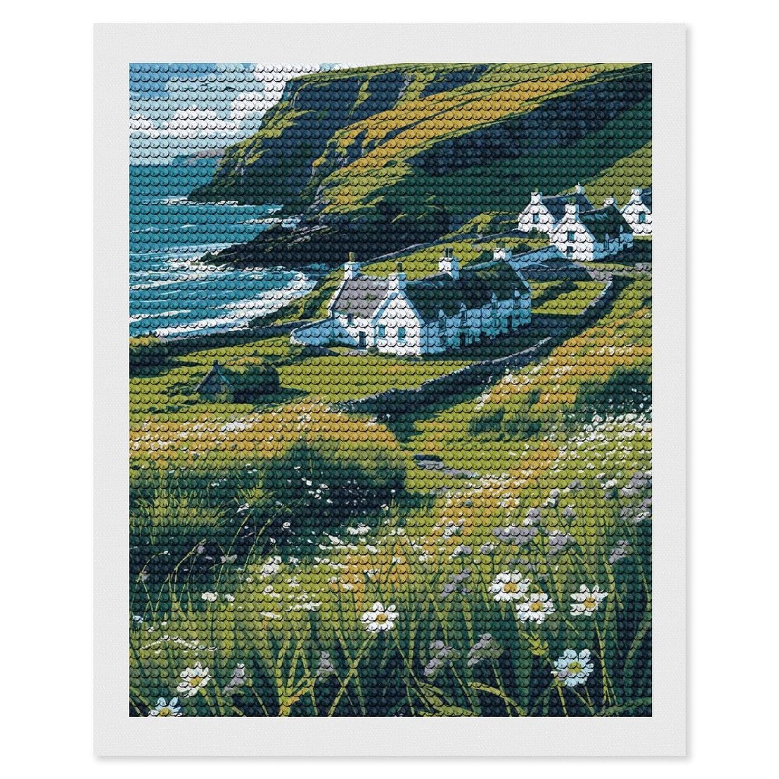 Junmoney Coastal Village Landscape with White Cottages DIY Diamond Art Canvas Kit 16"x20", Decorate Your Room, Sparkling Round Gems, Fun Craft Experience, Farmhouse Decor
