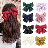Bow Hair Barrette Clips Silky Satin Hair Clip for Women French Metal Clips Soft Plain Color Bowknot Hairpin Strong Holding Hair 90's Accessories 8 Pcs (Purple,Green,Yellow,Pink,Black,White,Red,Blue)