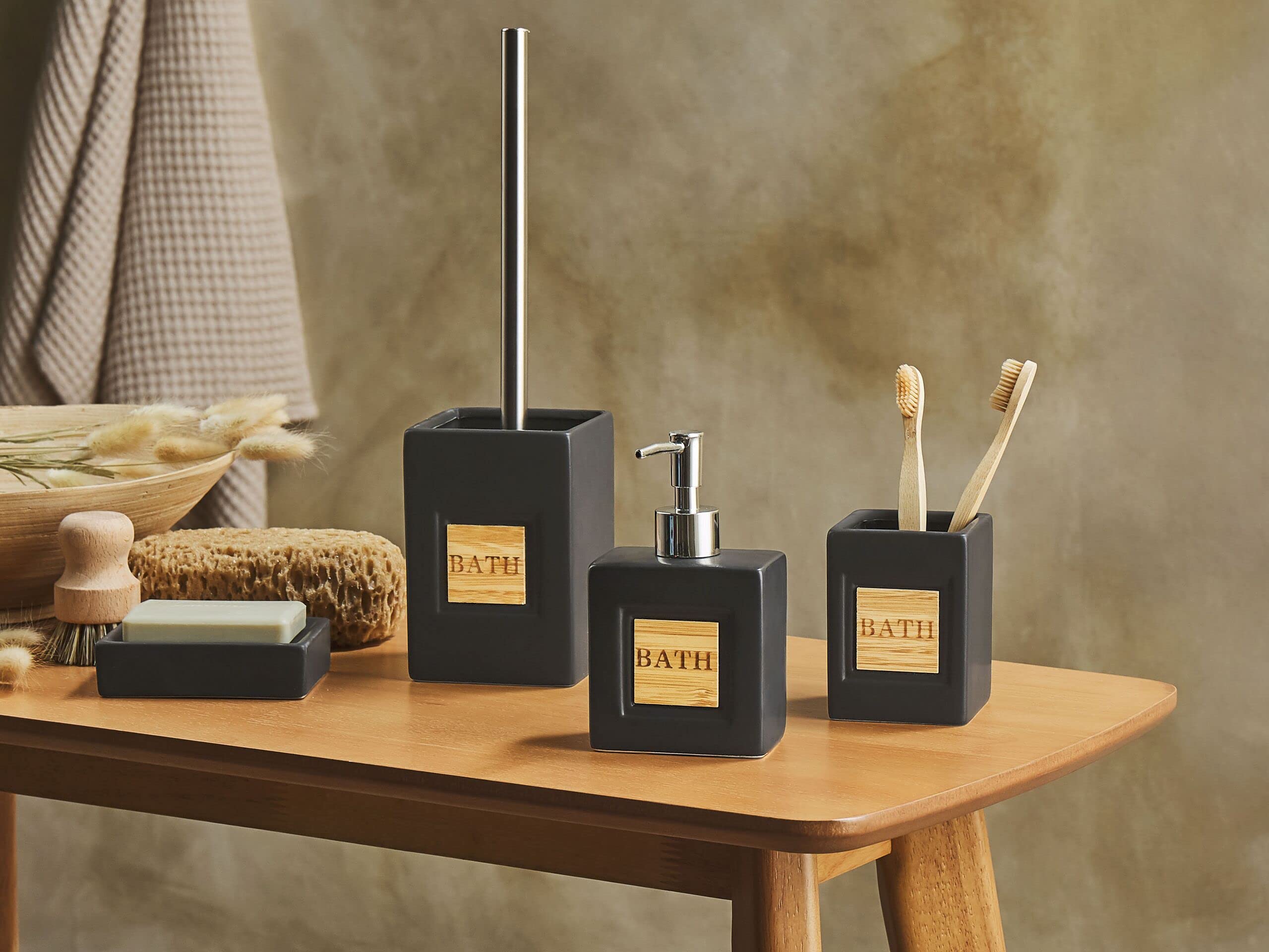 Set di 4 Accessori Bagno in Ceramica nero legno chiaro dispenser