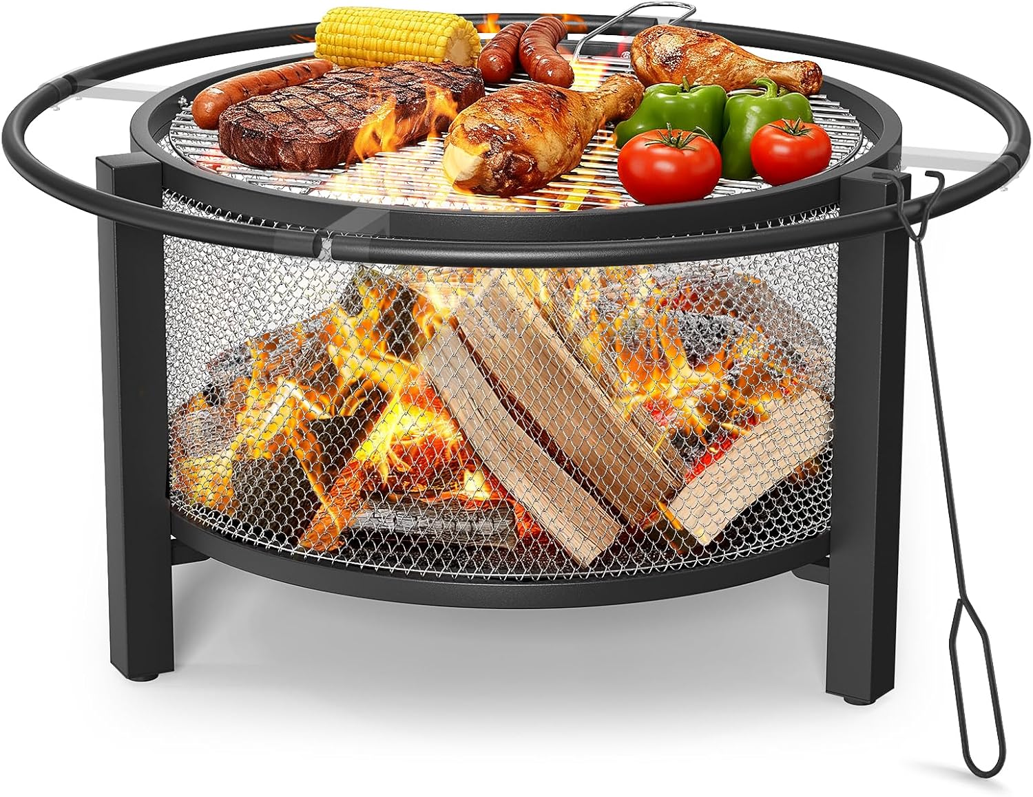 Onbrill 2-in-1 32 Inch Fire Pit with Cooking Grill, Outdoor Wood Burning Round Metal Fire Pit for Backyard and Patio
