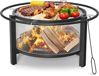 ONBRILL 32 Inch 2-in-1 Wood Burning Fire Pit with Cooking Grill & Poker - Outdoor BBQ Bonfire for Patio Backyard