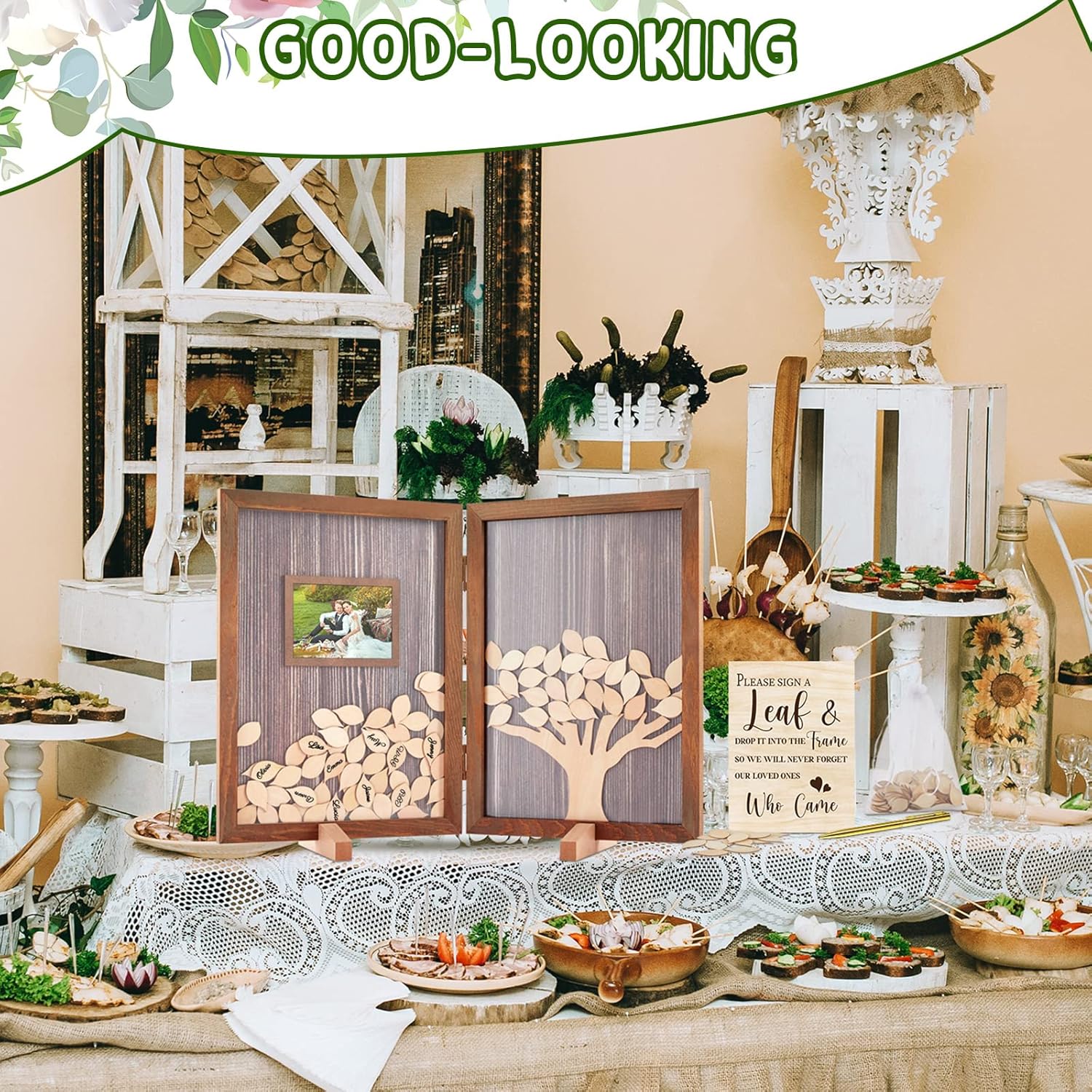 Gueevin 164 Pcs Wedding Decorations Favors Wedding Guest Book Alternatives 160 Pcs Leaves Reception for Guests Personalized Sign in Guest Book(Dark Color)