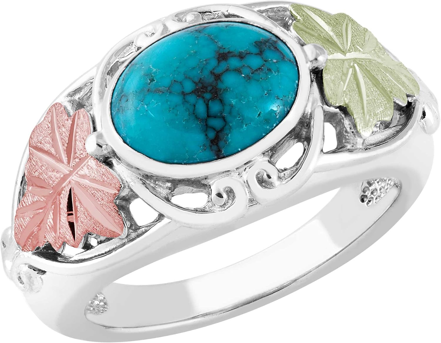 Inlaid Oval Turquoise with Leaves Ring, Sterling Silver, 12k Green and Rose Gold Black Hills Gold Motif