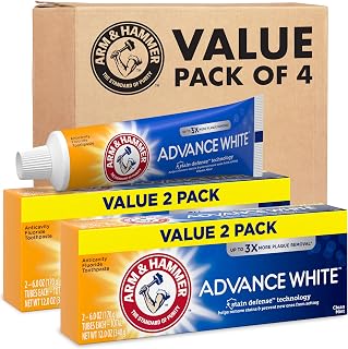 ARM & HAMMER Advance White Baking Soda Whitening Toothpaste, Stain Defense, Fluoride Cavity Protection, Clean Mint 6oz 4-Pack