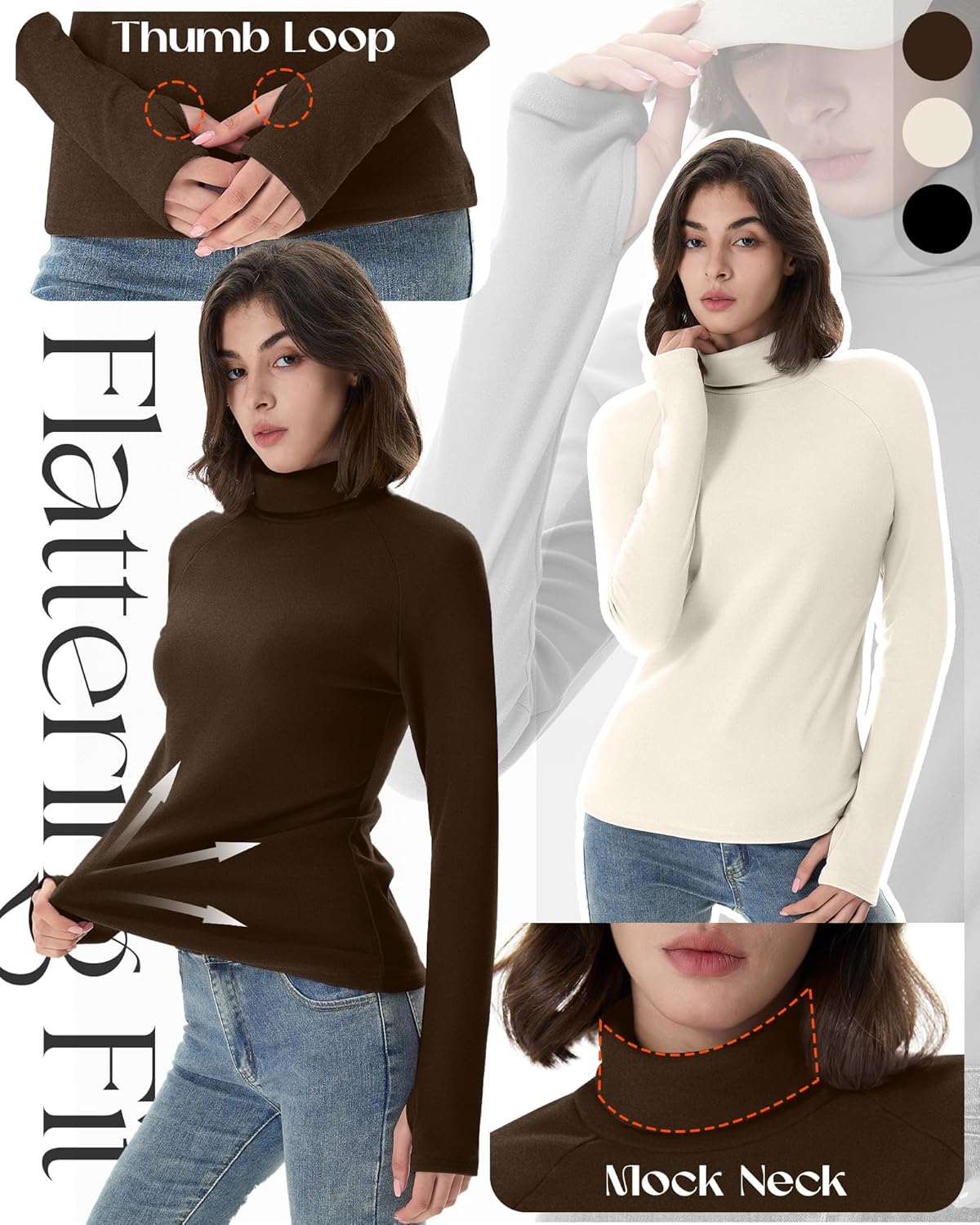 3 Pack Women's Turtleneck Shirts Long Sleeve Slim Fit Thermal Underwear Tops Mock Neck Base Layer with Thumb Holes - Image 6