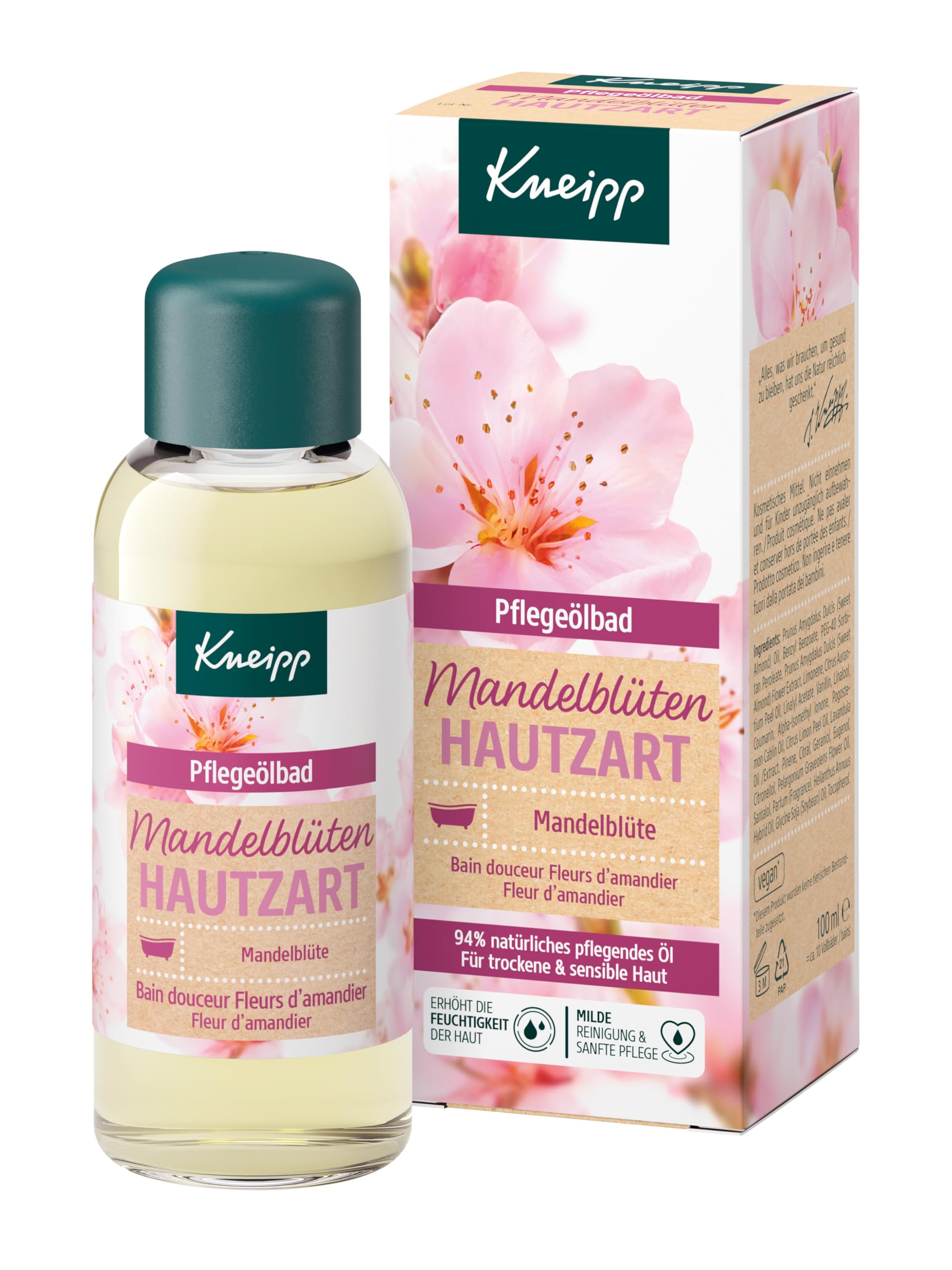 Kneipp Pflegeölbad Mandelblüten Hautzart - Ölbad mit 94% reinem Mandelöl - optimale Kombination aus aktivem Schutz und fühlbarer Pflege - für trockene und sensible Haut - 100ml