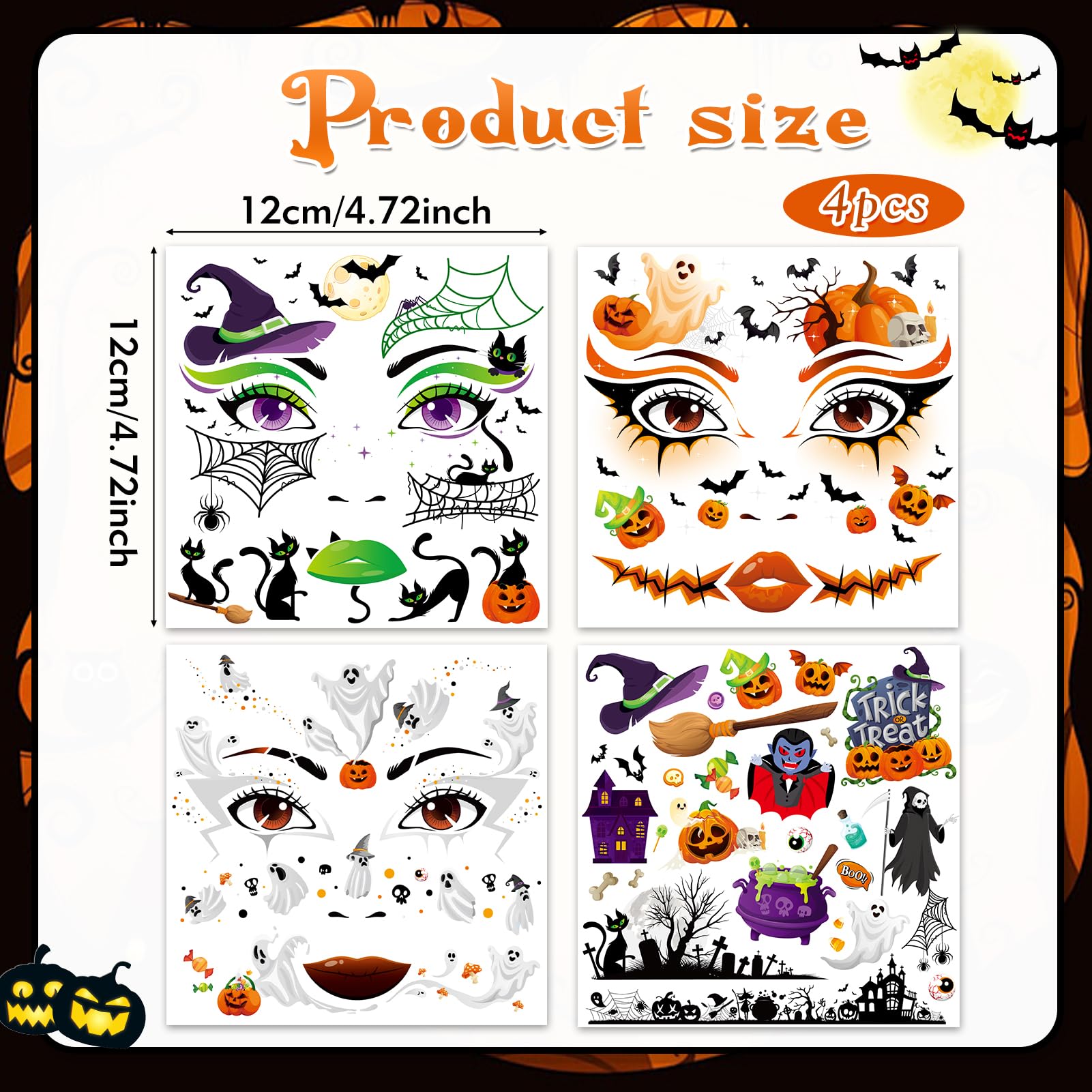 HOWAF 4PCS Halloween Headbands for Women Kids Adult Pumpkin Headband Bat Headband Spider Ghost Hairband Head Boppers & 4 halloween Face Tattoos Stickers for halloween Costume Accessories Fancy Dress - Image 3