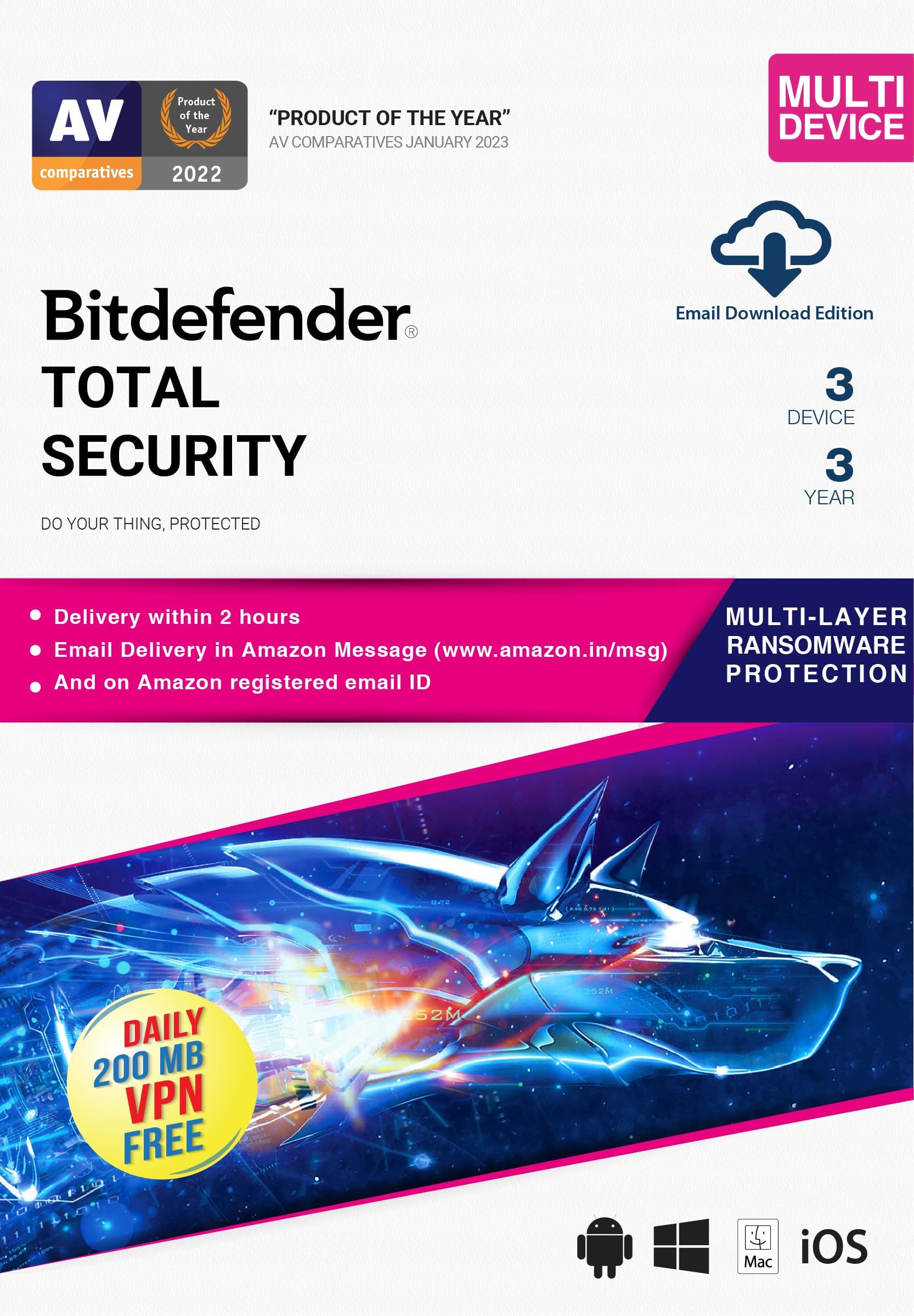 BitDefender Total Security Latest Version (Windows / Mac / Android / iOS) - 3 User, 3 Years (Activation Ke