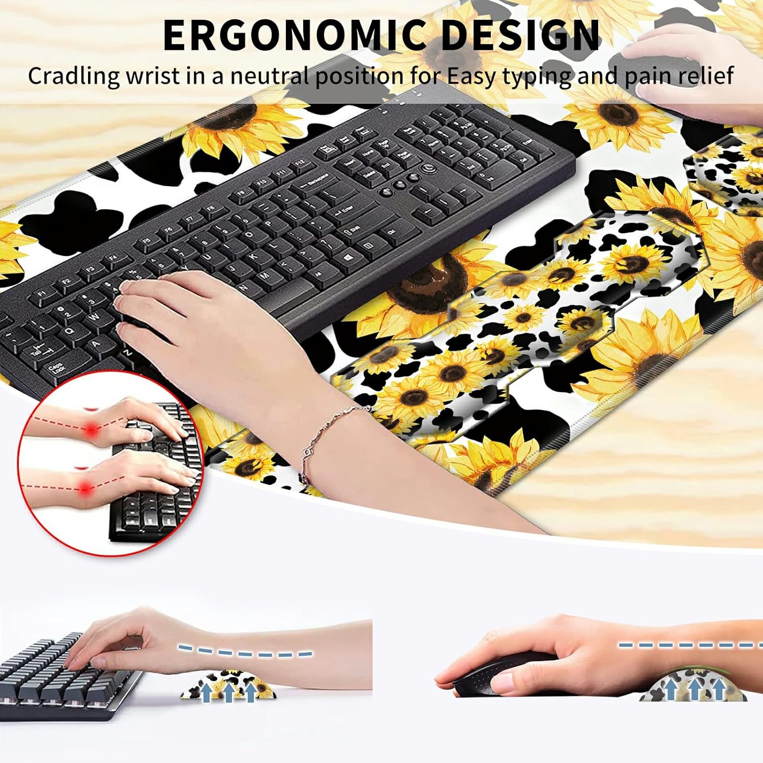 Gaming Mouse Pad Wrist Support & Desk Mat(35.4" x 15.7") & Keyboard Wrist Rest & Coasters CGFGHHUY 4 Pcs Set with Memory Foam Ergonomic Easy Typing Pain Relief - Cow Print Sunflowers