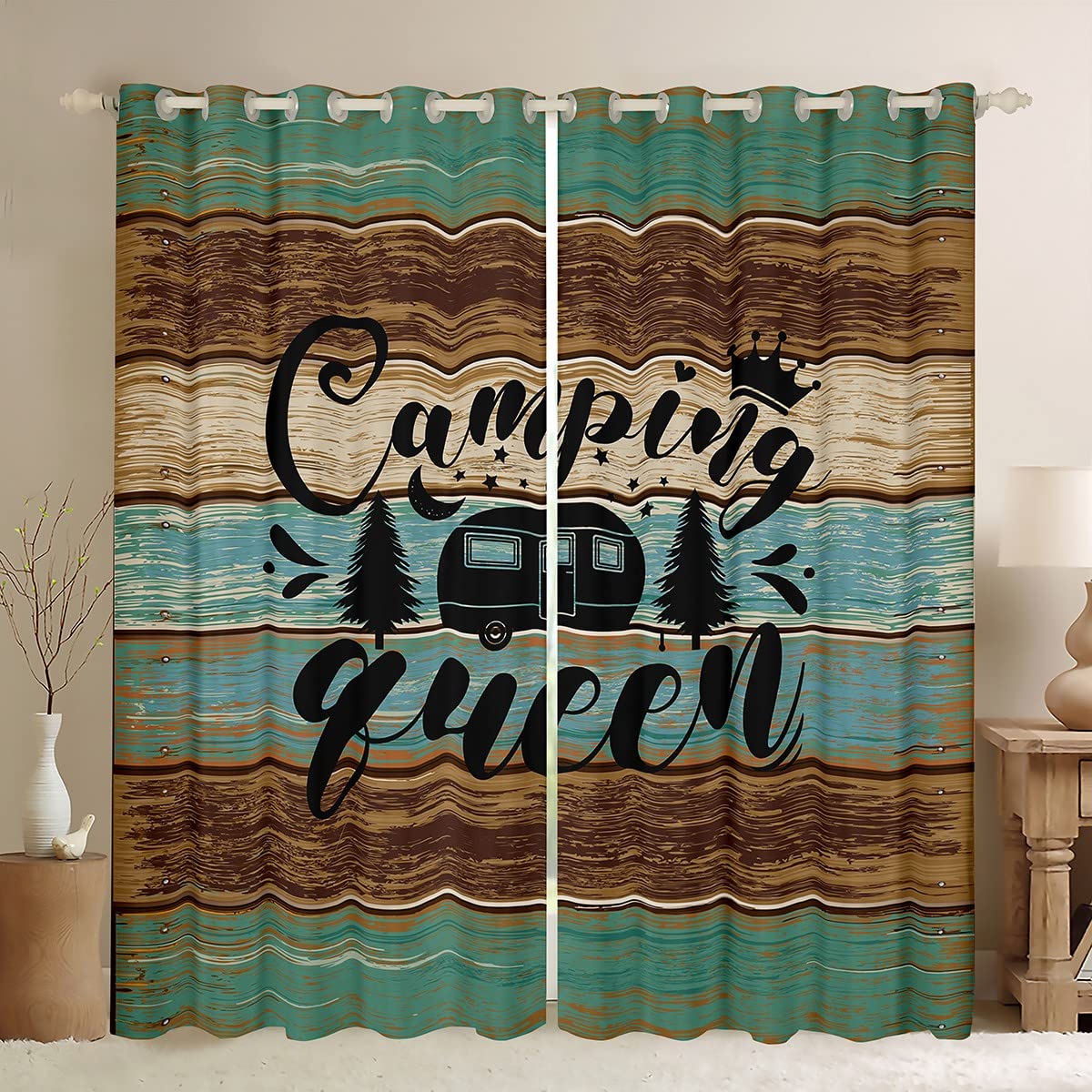 Manfei Camping Queen Blackout Curtain RV Trailer Camper Window Drapes for Kids Girls Room Decor, Rustic Wood Board Window Treatments Grommet Top 2 Panel Set Bedroom Curtains, 46Wx72L inch