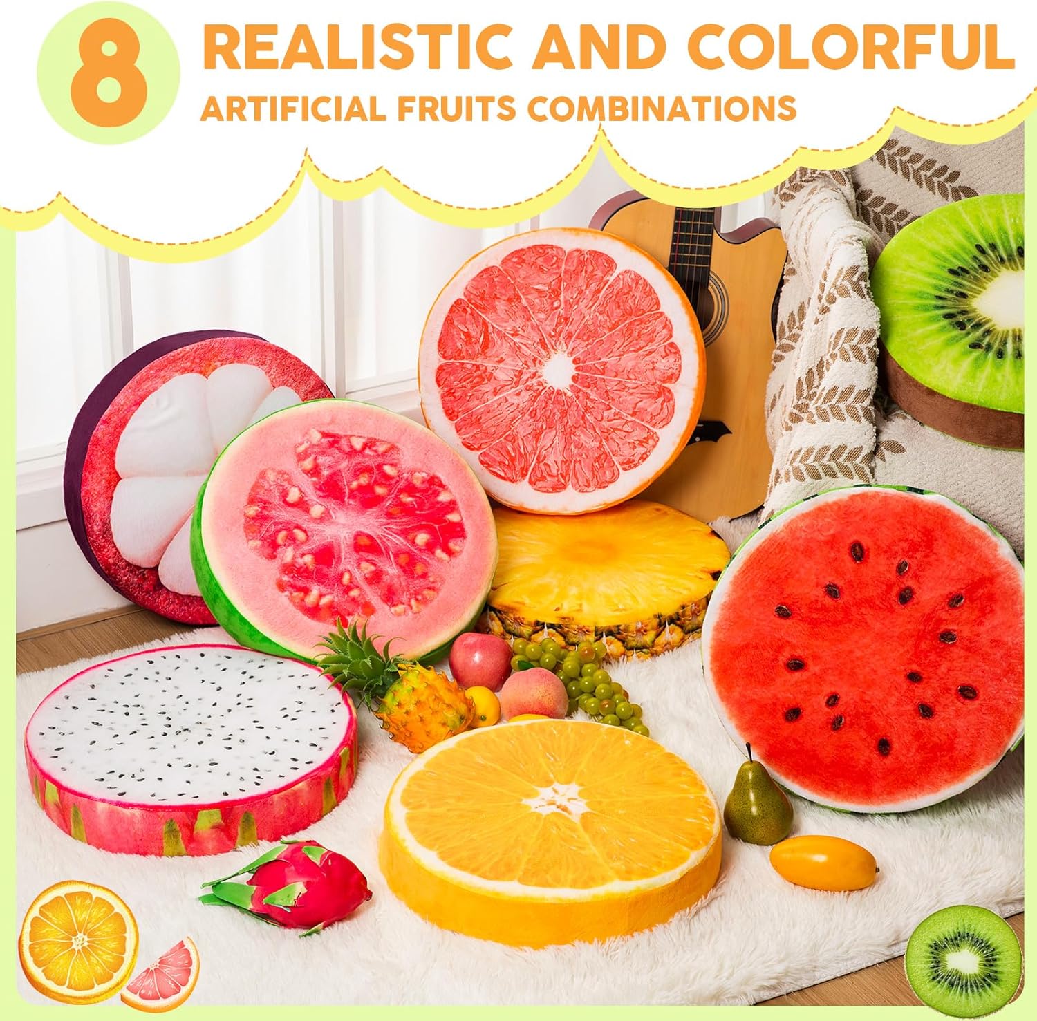 8 Pcs 15 Inch Fruit Pillow Round Floor Cushions 3D Plush Throw Pillow Printed Orange Watermelon Pineapple Cushion for Teacher Students Decoration School Classroom Office