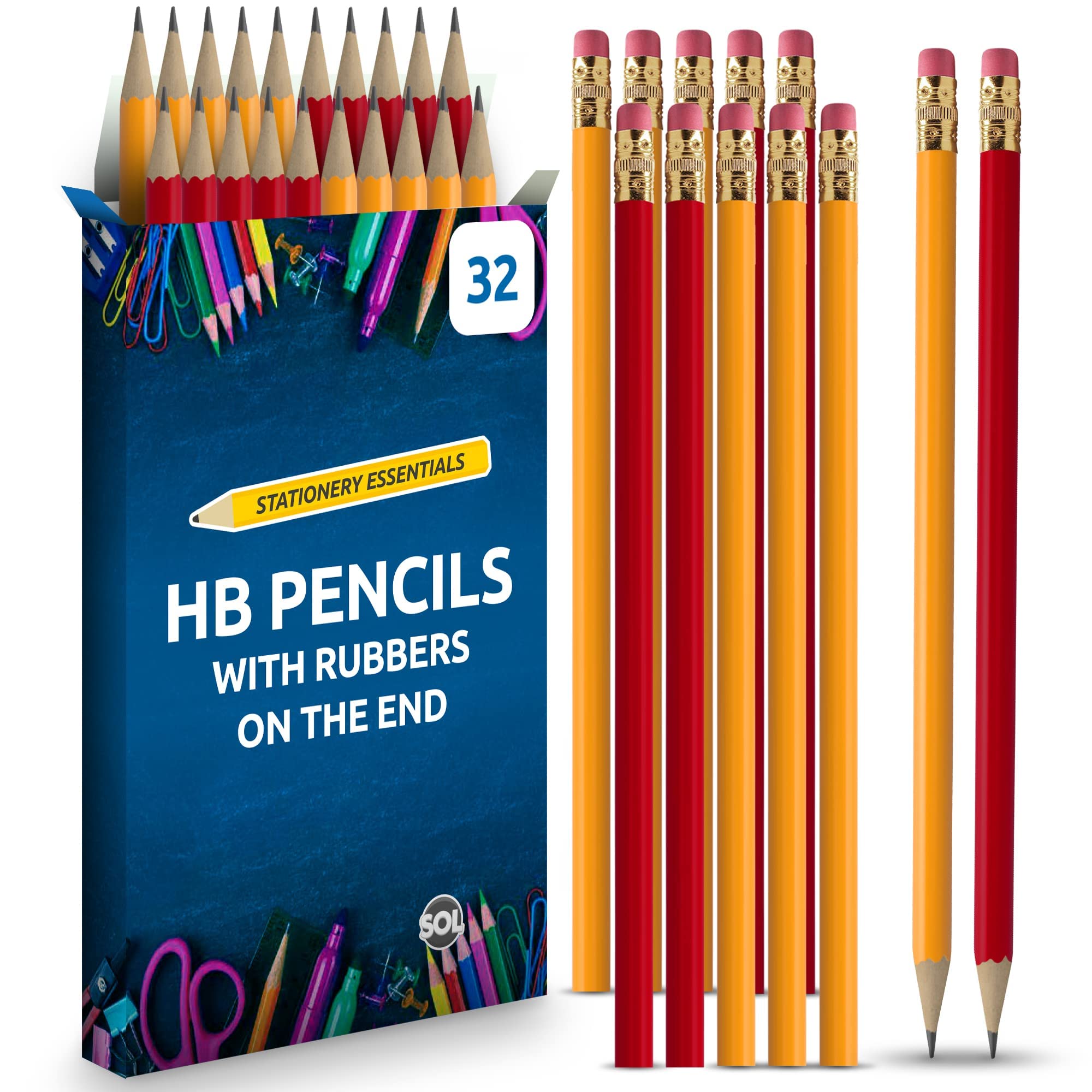 SOL 32pk HB Pencils with Erasers, Strong Graphite Lead for Smooth Writing and Drawing, Eraser-Tipped Design for School, Office, Art, Sketching and Everyday Use