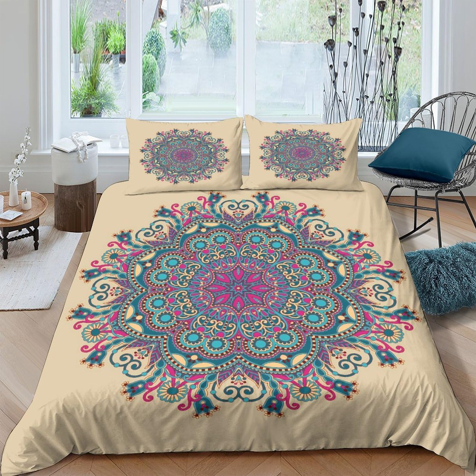 Ctjqhvkz Style-5 3D Printed Boho Mandala Fitted Sheet Microfiber Soft Beige Ethnic Pattern Bed Cover For Bedroom Guest Room Decor Single（135X200cm）