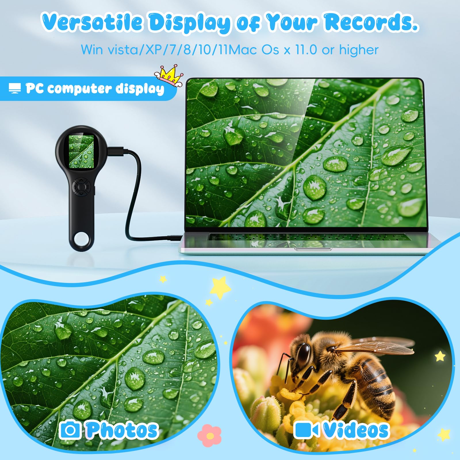 Microscopio per bambini 200X- 2 Pollici Microscopio Portatile con 8 LED Regolabili, MicroscopioDigitale Supporta la Registrazione di Foto e Video, Regalo di Natale per Bambini dai 3-12 Anni (Nero)