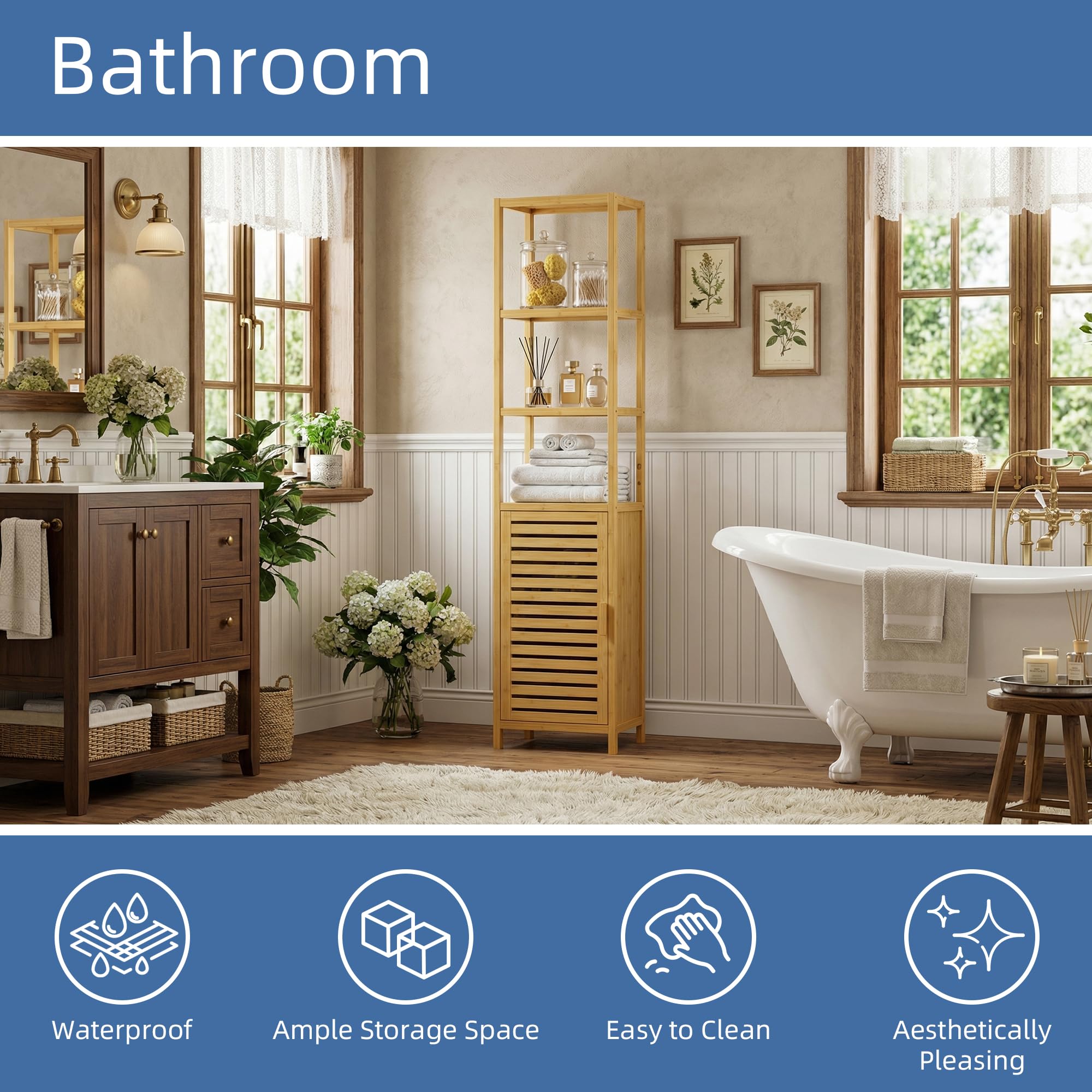 HITNET Mueble Columna Baño Estrecho, Armario Alto Baño Bambu, Gabinete de Almacenamiento con Estantes Ajustables y Compartimentos Abiertos, para Espacios Pequeños, Natural