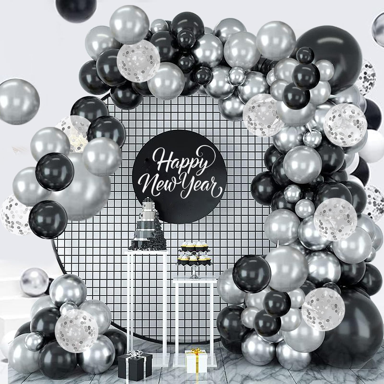 Felice Arts New Year Eve Party Decor Black and Silver Balloon Garland Arch Kit with Latex Confetti Balloons for Birthday Graduation Wedding
