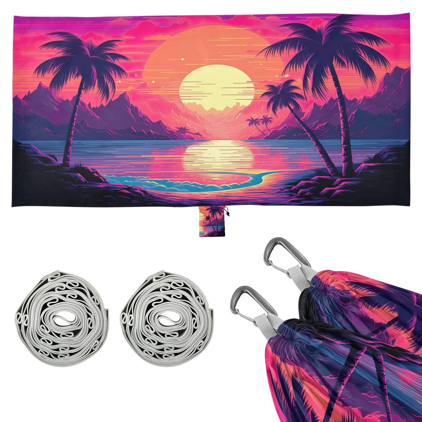 Haskirky Sunset Tree Camping Hammock, Single Portable Hammocks with Tree Straps & Attached Carry Bag, 330Lbs Capacity Perfect for Outside Indoor Hiking Beach Backpack Travel