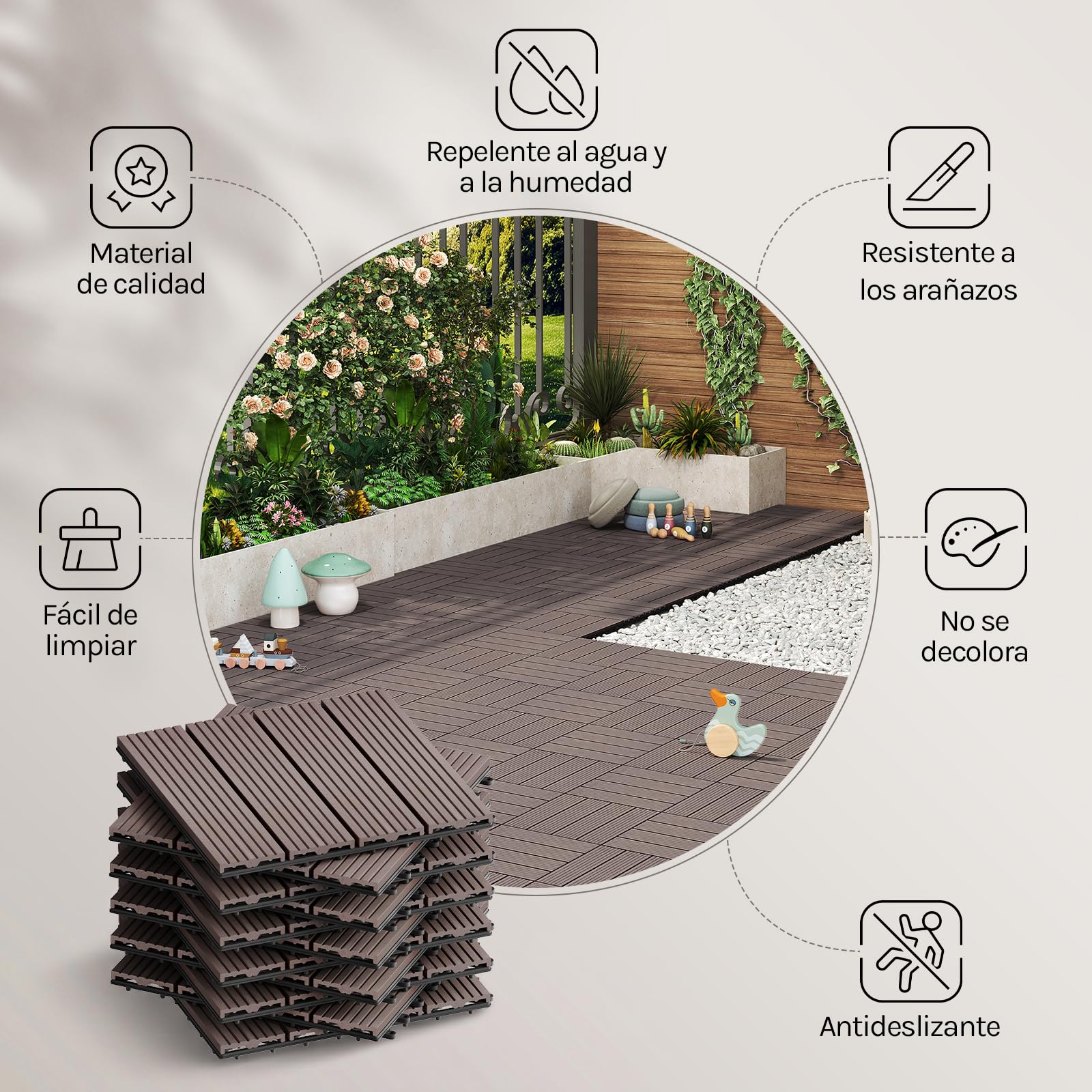 WOLTU Suelo de WPC Set de 22 Baldosas de Madera Exterior para Porche Patios Jardin, 30 x 30 cm Compuesta Azulejos para Terraza Marrón