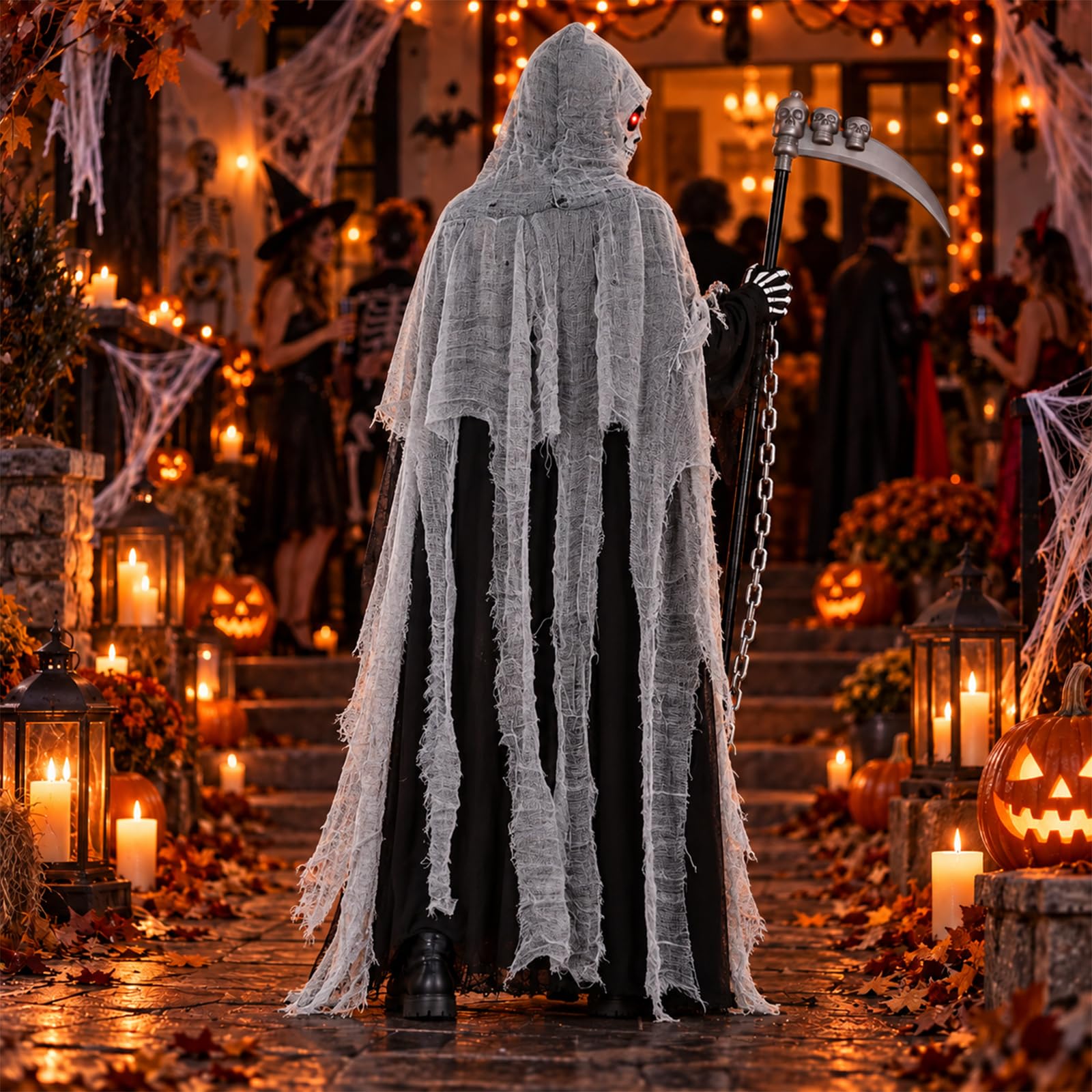 Costume Halloween Bambino Adulti Unisex Vestito Mietitore Pauroso con Falce, Teschio Maschera, Occhiali Luminosi e Guanti Scheletro Capo Nero Grigio con Cappuccio per Cosplay Halloween Carnevale