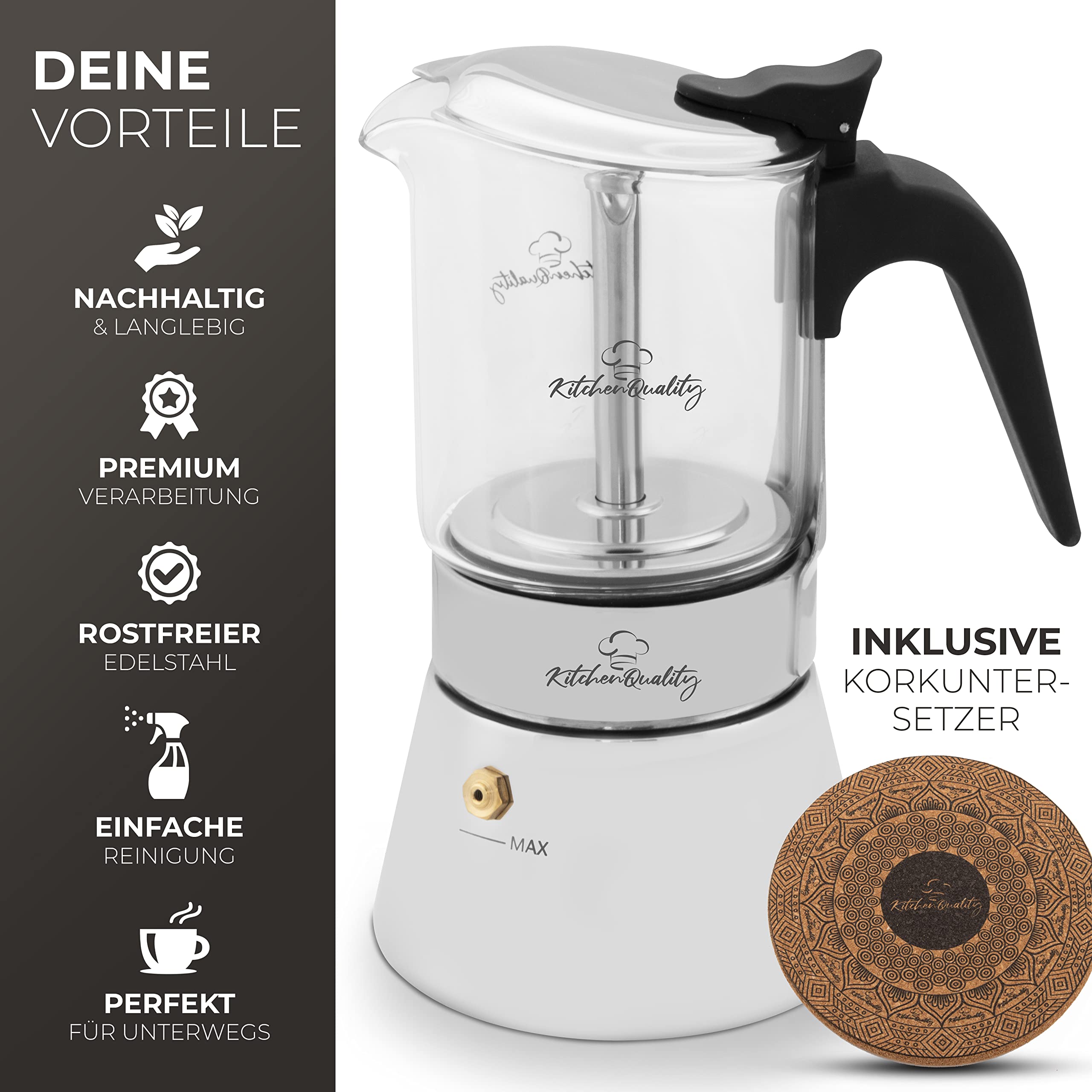 Zaparzacz do espresso – szkło + stal nierdzewna – 240 ml – na 4 filiżanki – 18,5 x 14 cm – do płyt ceramicznych, kuchenek gazowych, elektrycznych i indukcyjnych – z łyżeczką do porcjowania + 3 podstawki korkowe