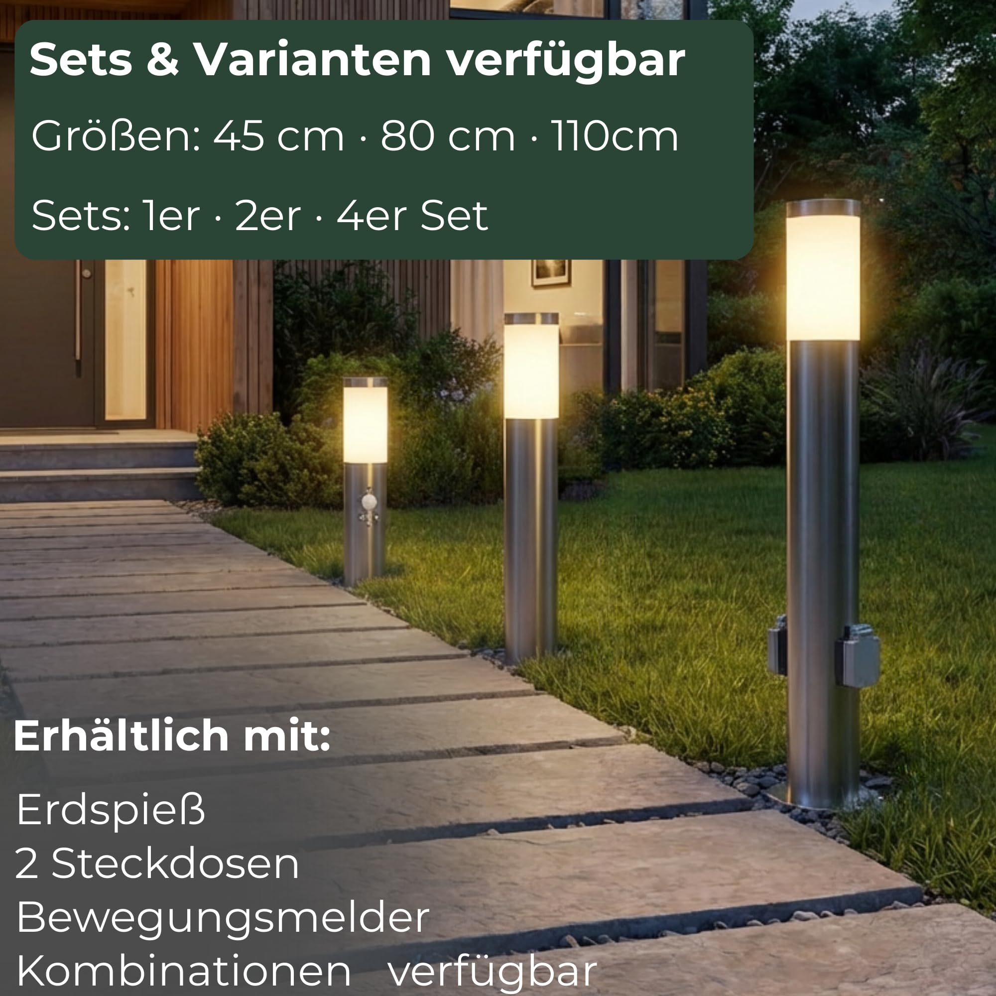 Novatool 4x Wegeleuchte I 45 cm I mit Erdspieß I Edelstahl I IP44 I E27 Sockel I Wegebeleuchtung aussen Aussenleuchten Garten Standleuchte Terassenleuchte Gartenleuchte stehend Terrassenlampe