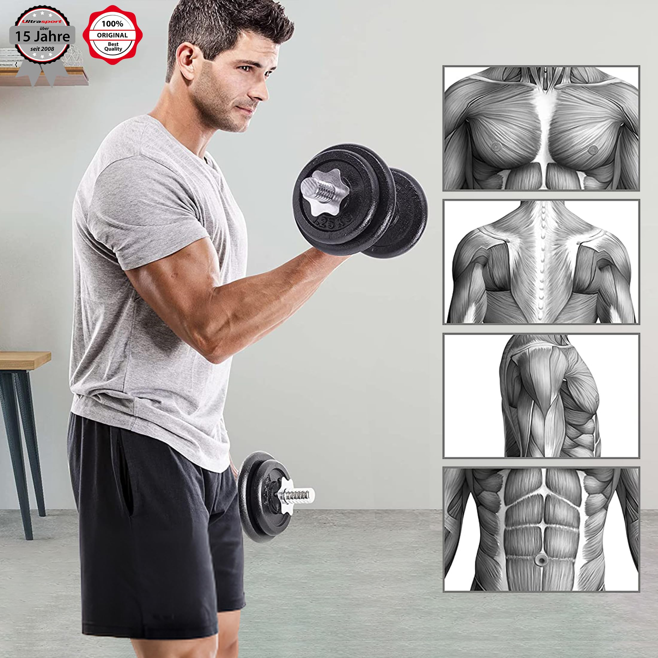 Ultrasport Hantelscheiben, Set, 4 Hantelgewichte im Set, 15Kg oder 25Kg, für Kurzhanteln und Langhantelstangen, mit Eingriffen für freies Training, 30 KG Metall-komplett-Set