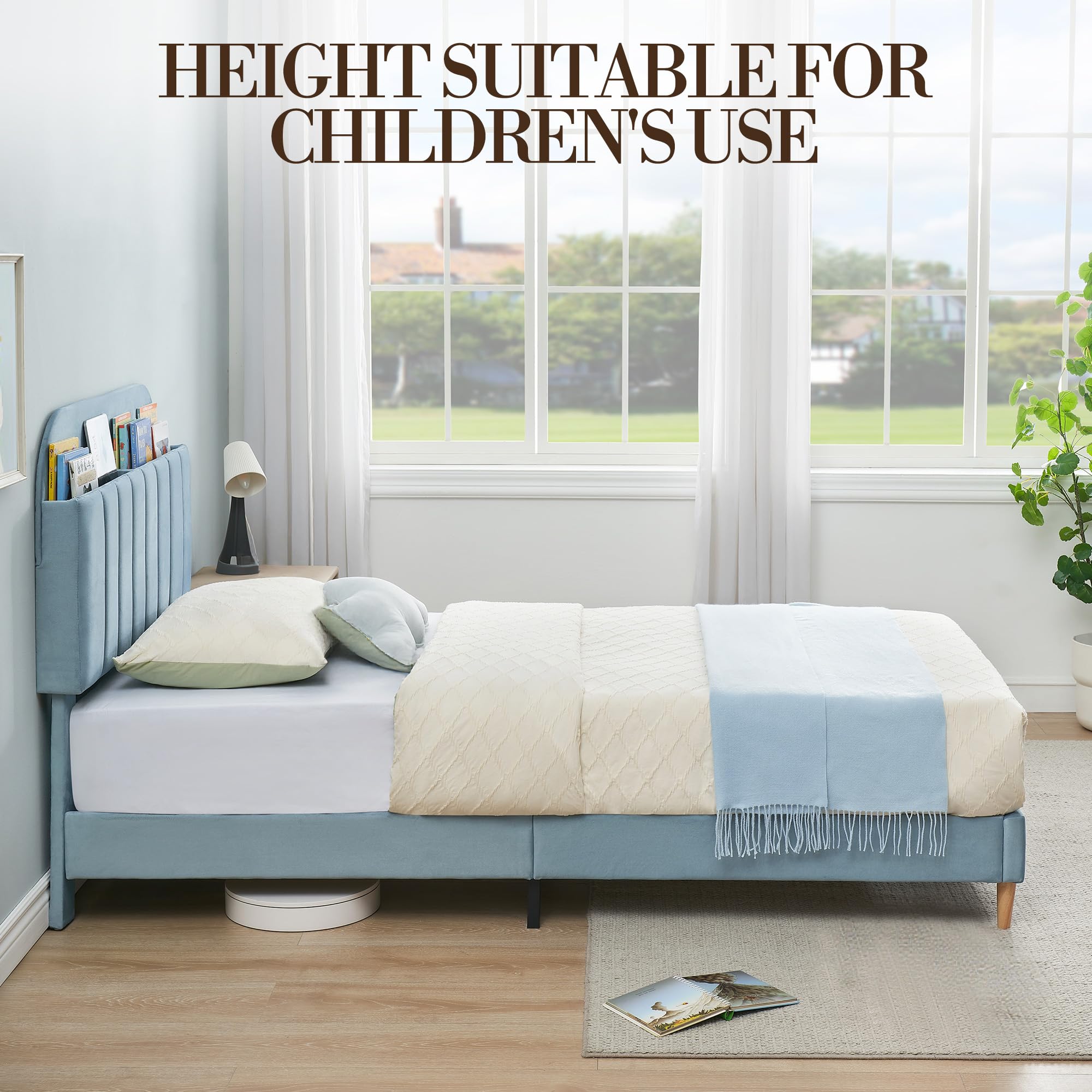 Lit enfant 1 personne 90x190cm,Sommier en bois avec rangement,Lit Simple enfant avec plusieurs pieds,Tête rembourrée,Lit banquette 1 place montessori pour chambre enfant,Garçon/Fille(Bleu)
