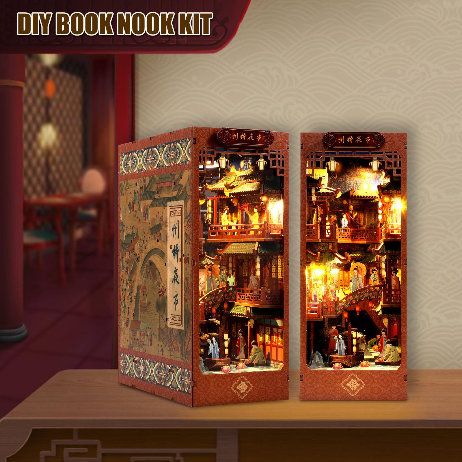 Tzgsonp DIY Book Nook Kit, Magic Book House Model Building Kit, DIY Dollhouse Booknook Bookshelf Insert Decor Alley, Creative Educational Bookshelf Building Kits for Gift (Zhouqiao Night Market)