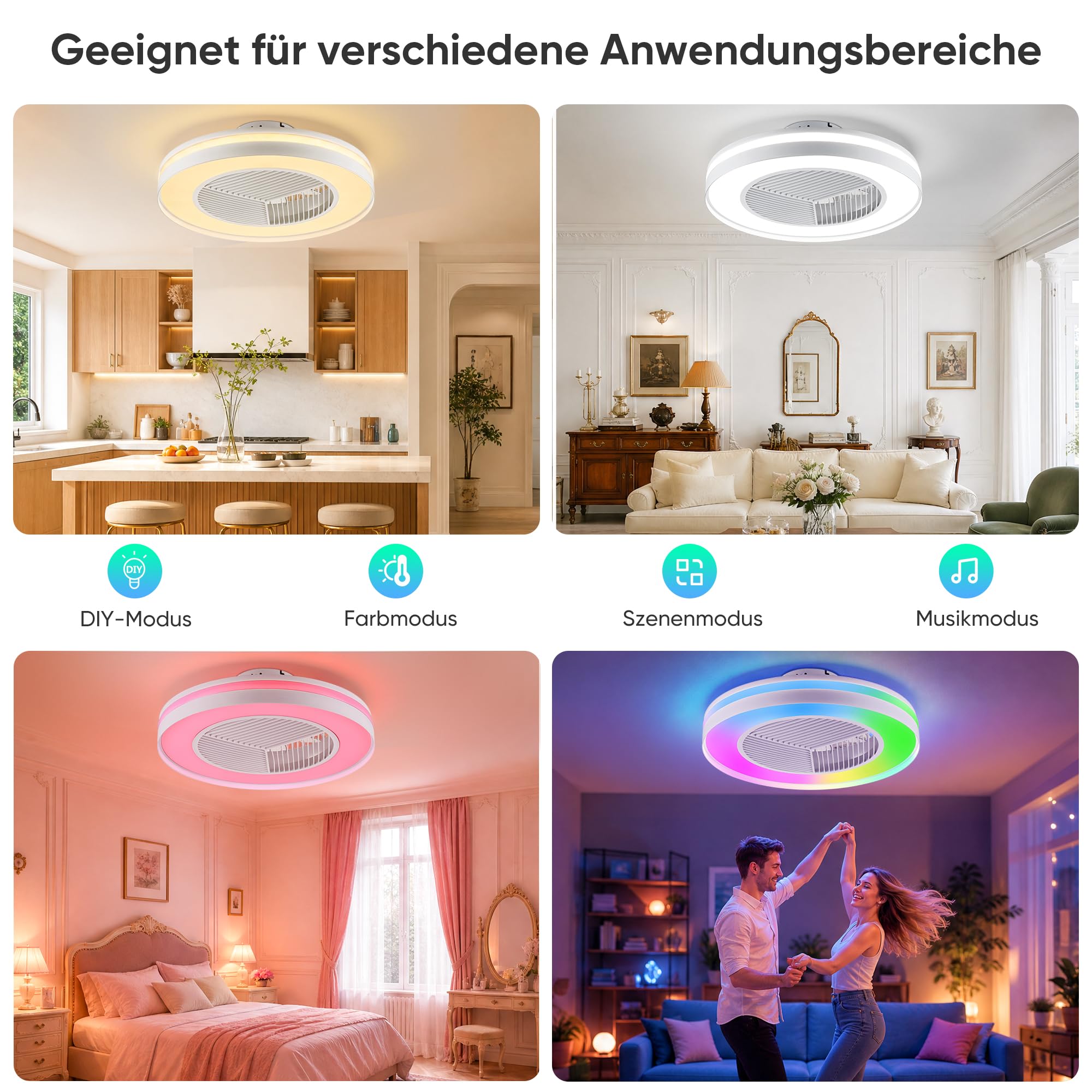 DOMANKI Deckenventilator mit Beleuchtung 50 cm RGB, Leiser DC-Motor Dimmbar, Sommer-/Wintermodus, Fernbedienung, Weiß
