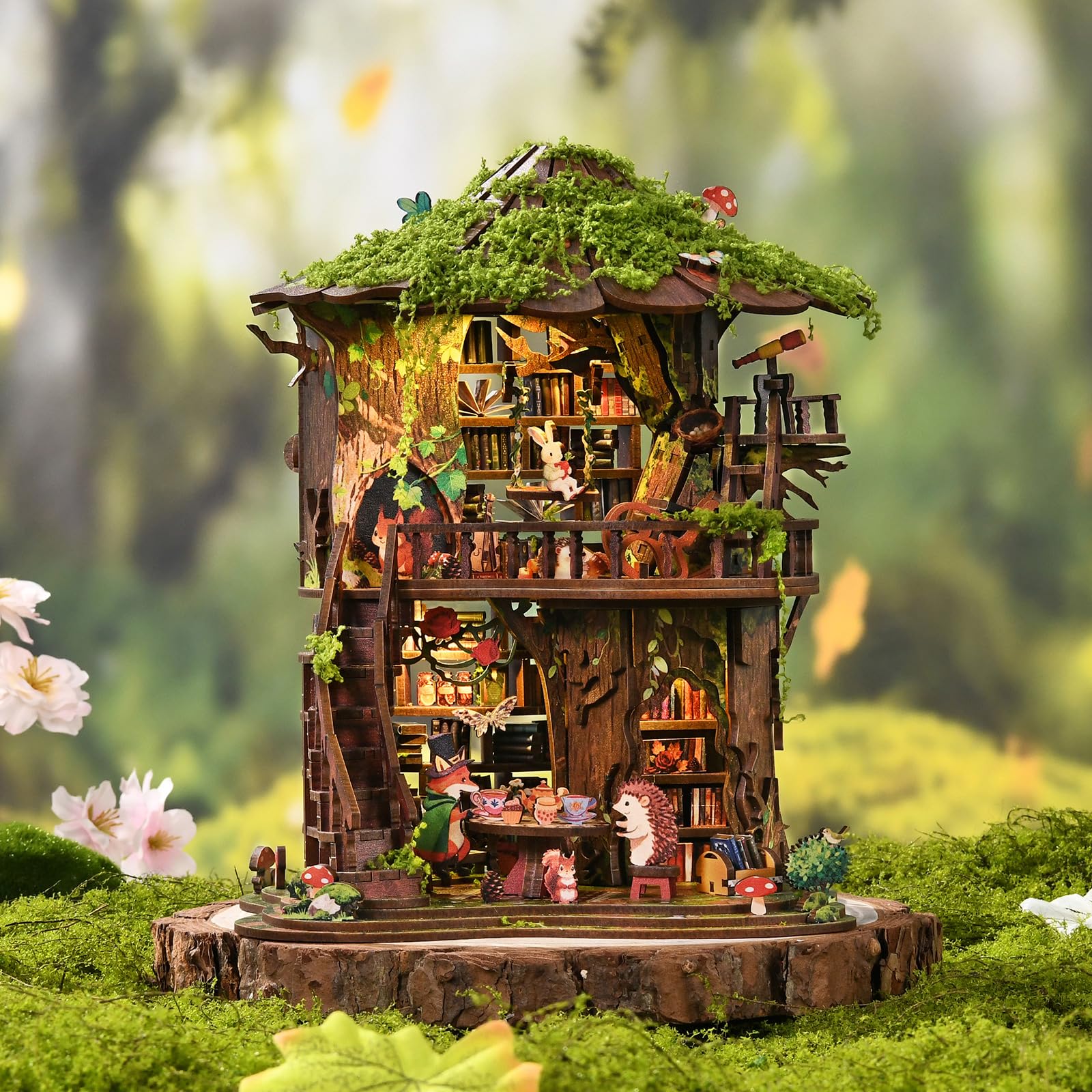 Forest Tea Book Club DIY Miniaturowy zestaw podpórek do książek, drewniane puzzle 3D ze światłem LED, zestaw do budowania dla dorosłych, idealny prezent dla miłośników książek (AW02-006)
