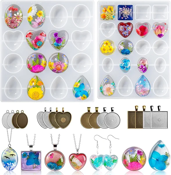 LET'S RESIN Cabochon Gems Resin Molds, 36 Cavities UV Resin Jewelry Making Kit with 16 PCS Metal Pendants Trays,Silicone Molds for Pendants,Earrings,Necklace