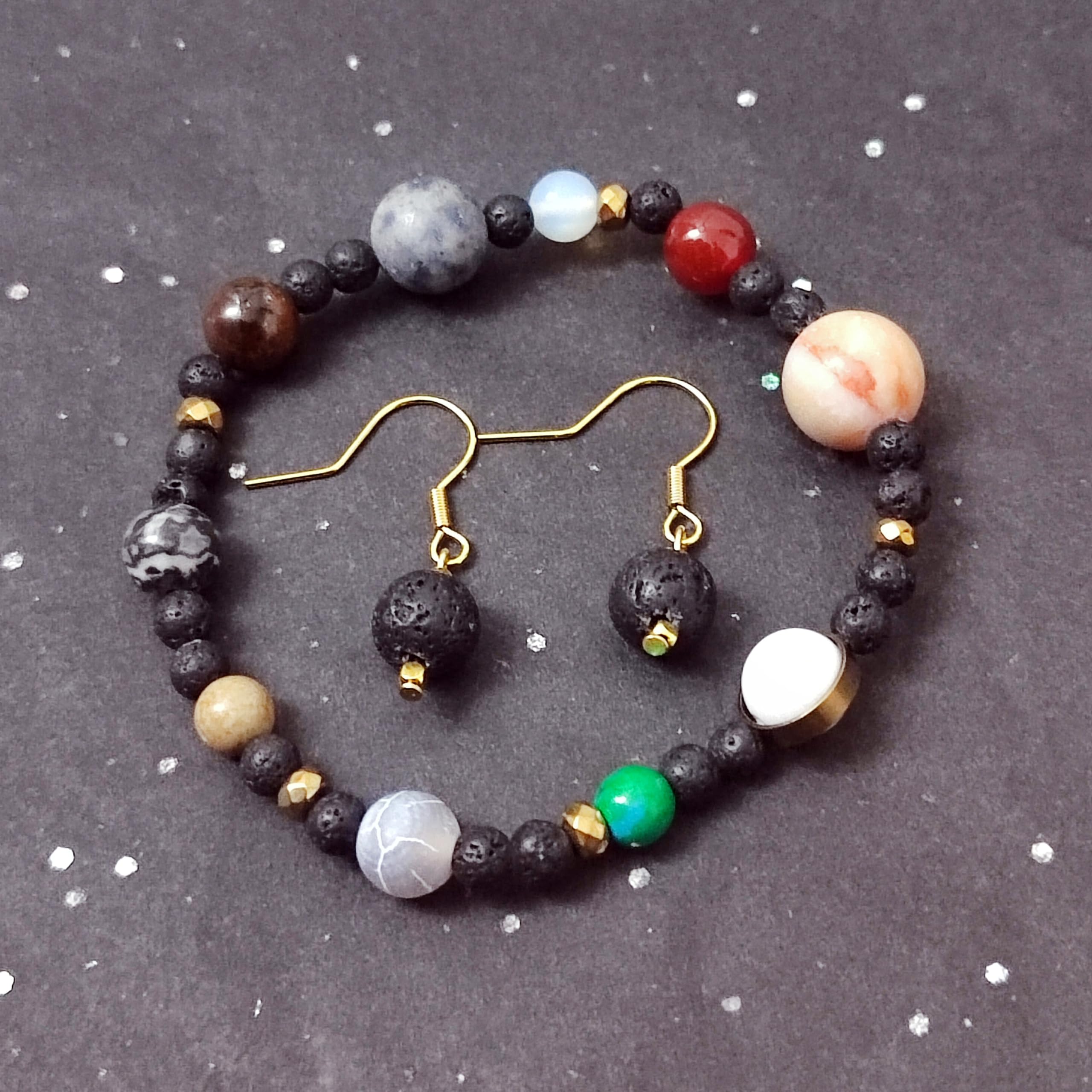 SIMBOLIKS Pulsera Planetas Universo, Galaxia, Sol, Tierra, Jupiter, Pendientes Piedra volcanica, Piedras Curativas, Yoga, MineralesPulsera de los 7 Nudos de Regalo
