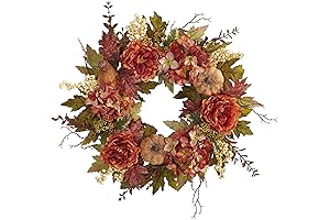 Nearly Natural 24in. Peony, Hydrangea and Pumpkin Fall Wreath: Autumnal Charm for Your Front Door