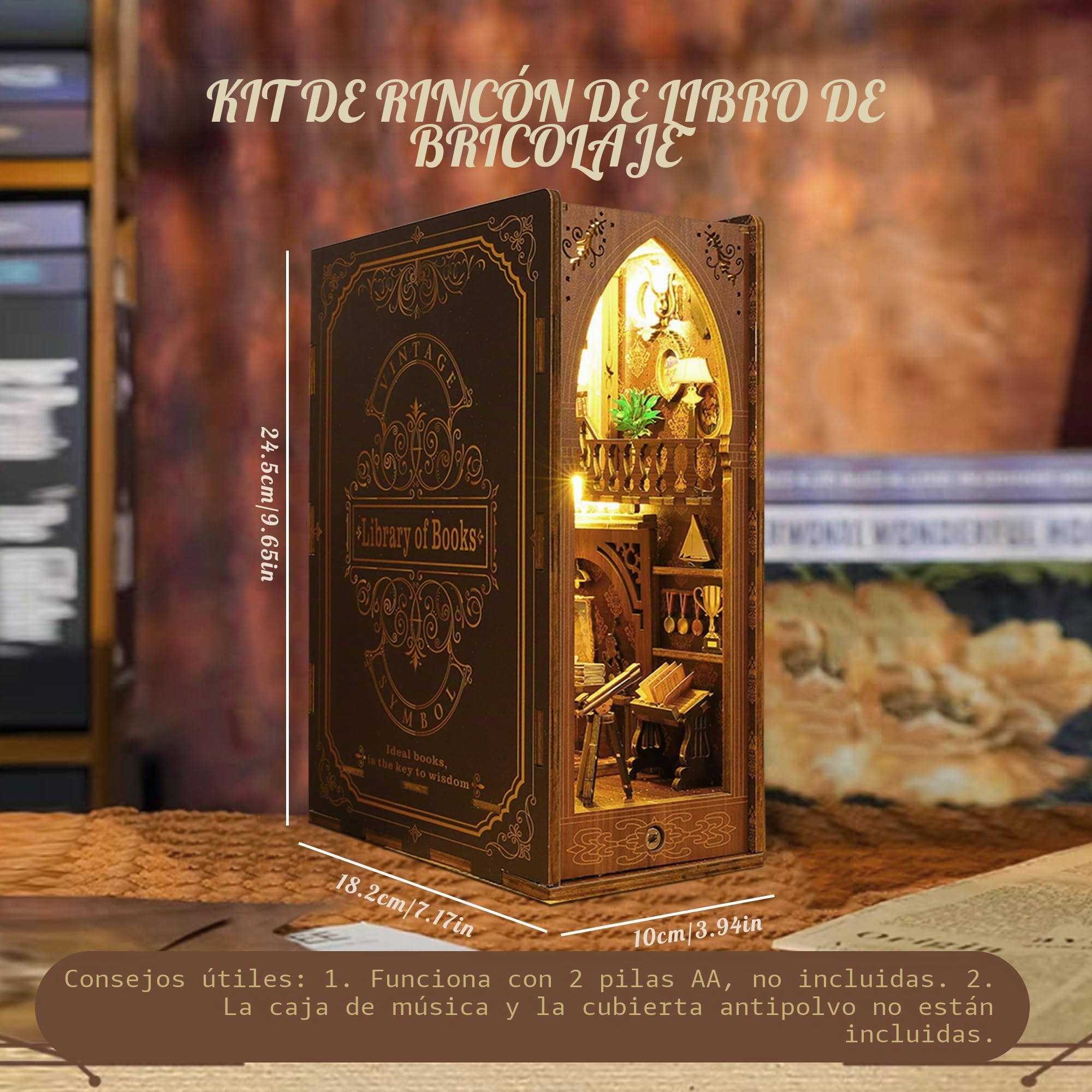 DIY Book Nook Kit, MOJINO Casa de muñecas en Miniatura de Madera con Muebles y Luces LED, Decoración Creativa de estanterías Cumpleaños niños y niñas