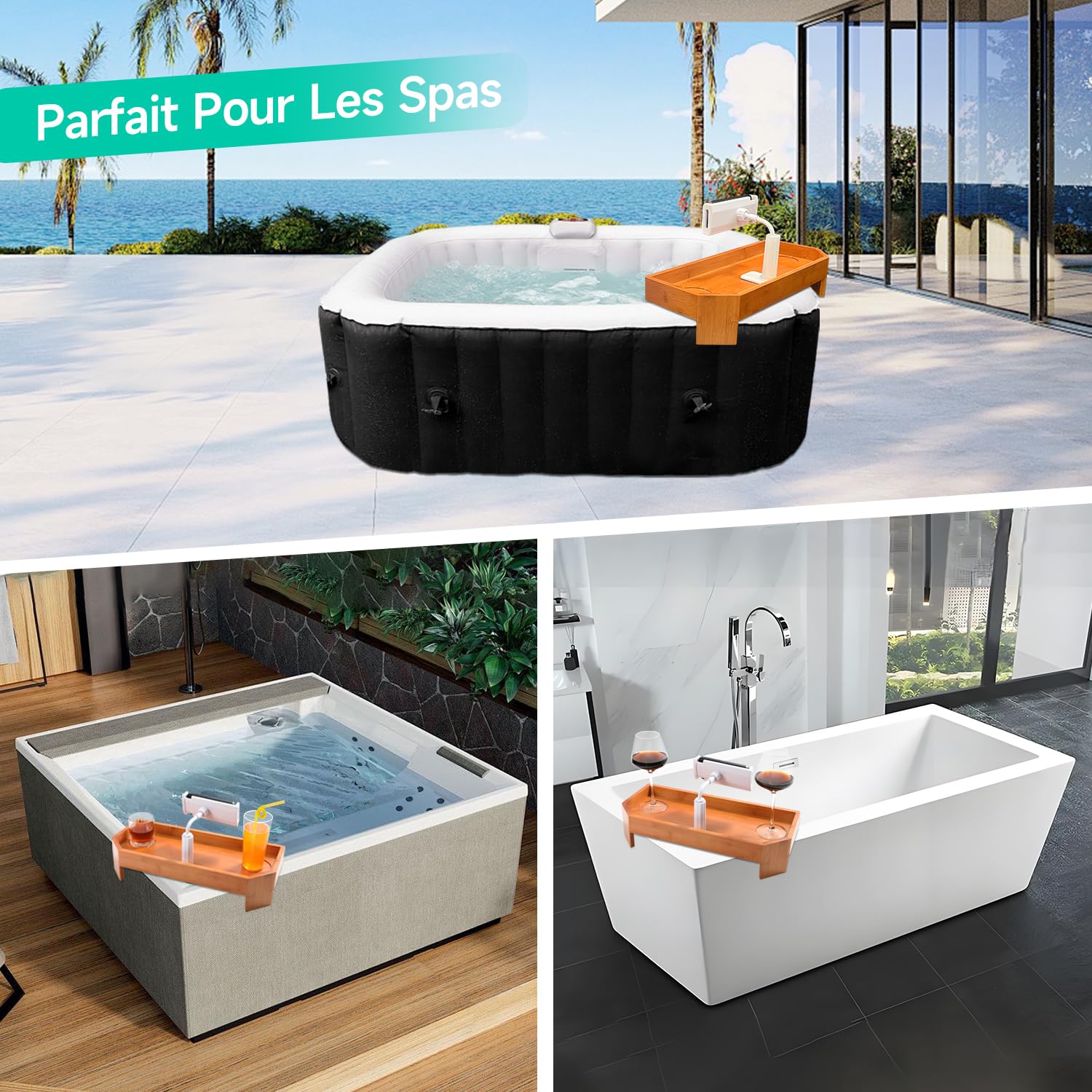 ECO POOLTECH Plateau en Bambou pour Spa, Table d'appoint antidérapante pour Boissons avec Porte-gobelet et Support de téléphone, Plateau pour Spa, Baignoire, Accessoire pour Spa