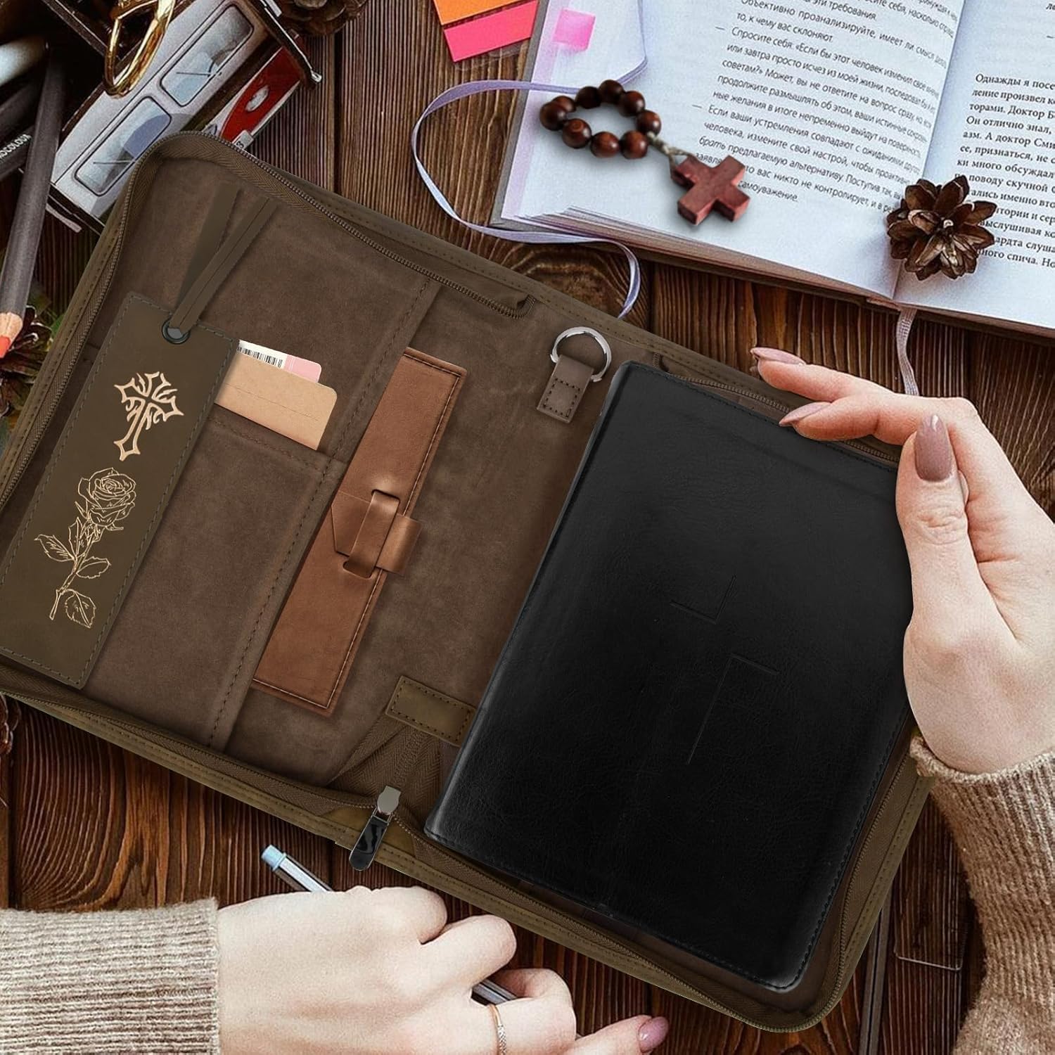 Bible Covers for Women & Men, Leather Bible Case with Rose Bookmark, Bible Supplies Carrying Bag Tote with Strap, Personalized Gift for Study, Journaling, Church-Dark Brown