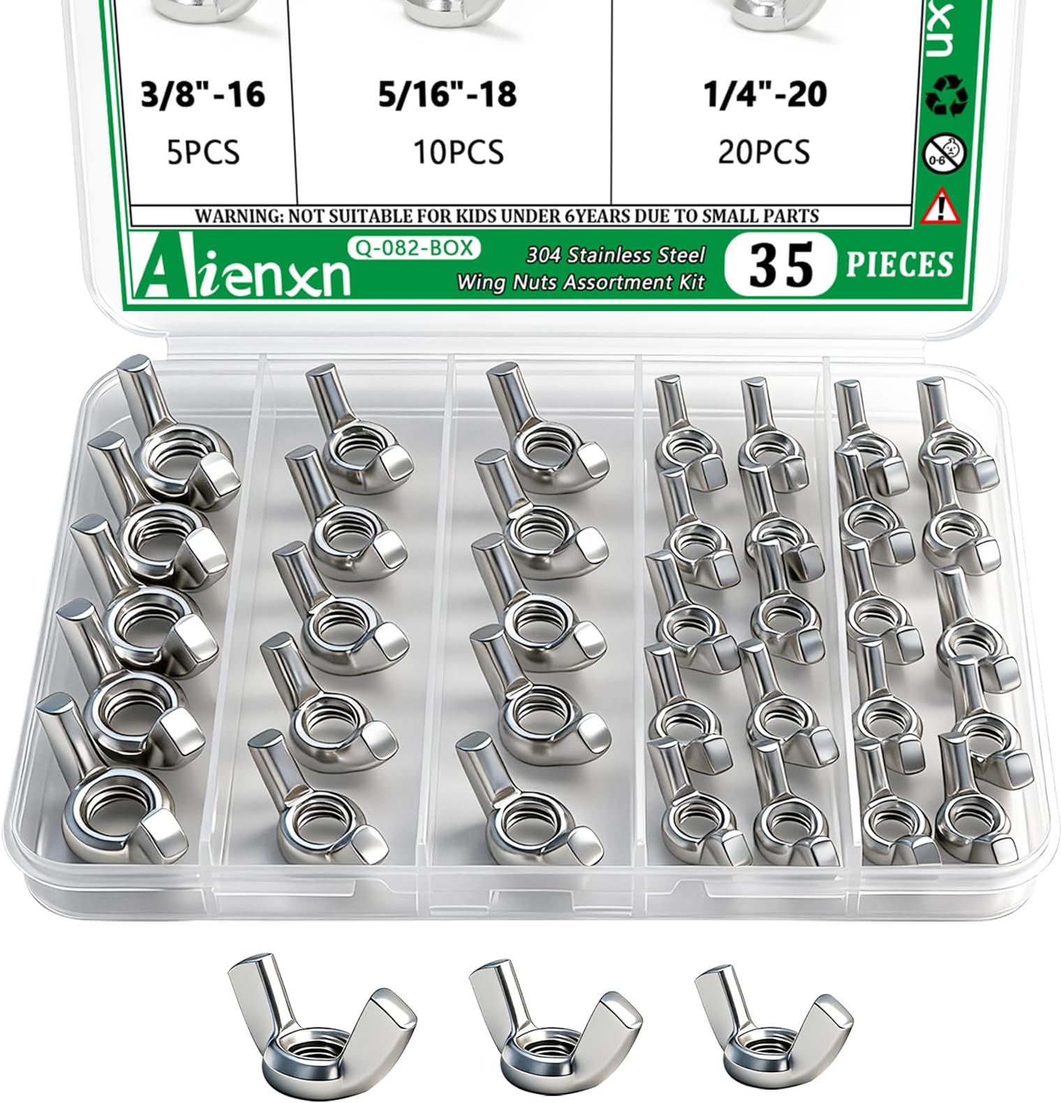 35PCS SAE Sizes Wing Nuts Assortment Kit, 304 Stainless Steel 1/4"-20, 5/16"-18, 3/8"-16, Parts Butterfly Wing Nut, Wingnuts Fasteners