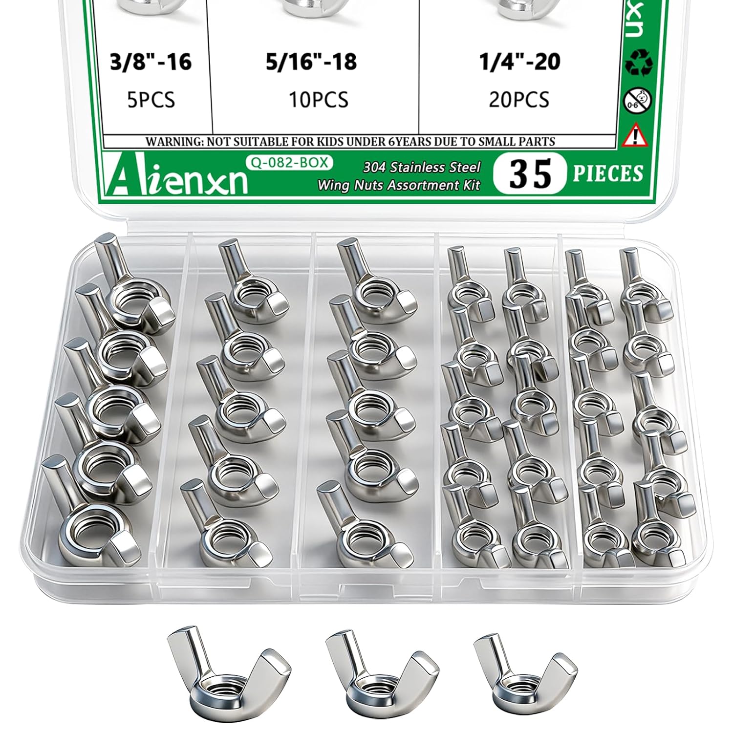 35PCS SAE Sizes Wing Nuts Assortment Kit, 304 Stainless Steel 1/4"-20, 5/16"-18, 3/8"-16, Parts Butterfly Wing Nut, Wingnuts Fasteners