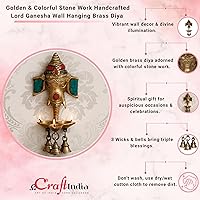Vista 5 de eCraftIndia Obra de piedra dorada y colorida hecha a mano Lord Ganesha colgante de pared de latón Diya de 3 mechas con 3 campanas - Diya