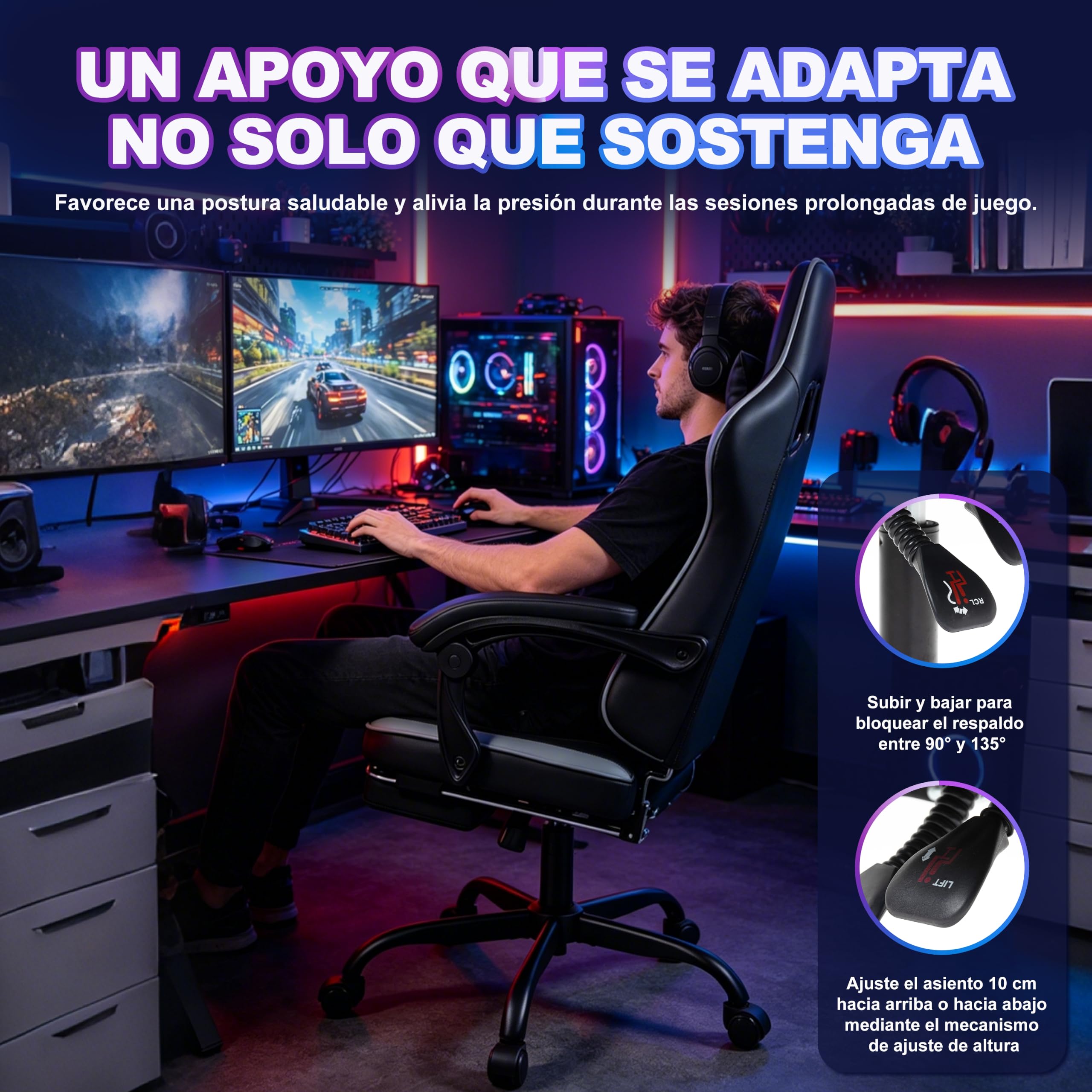 Andyou Silla Gaming Ergonomica con Reposapiés–Regulable en Altura, Cuero PU, Reposacabezas y Soporte Lumbar, Respaldo Reclinable 90-135°, 130 kg, Negro