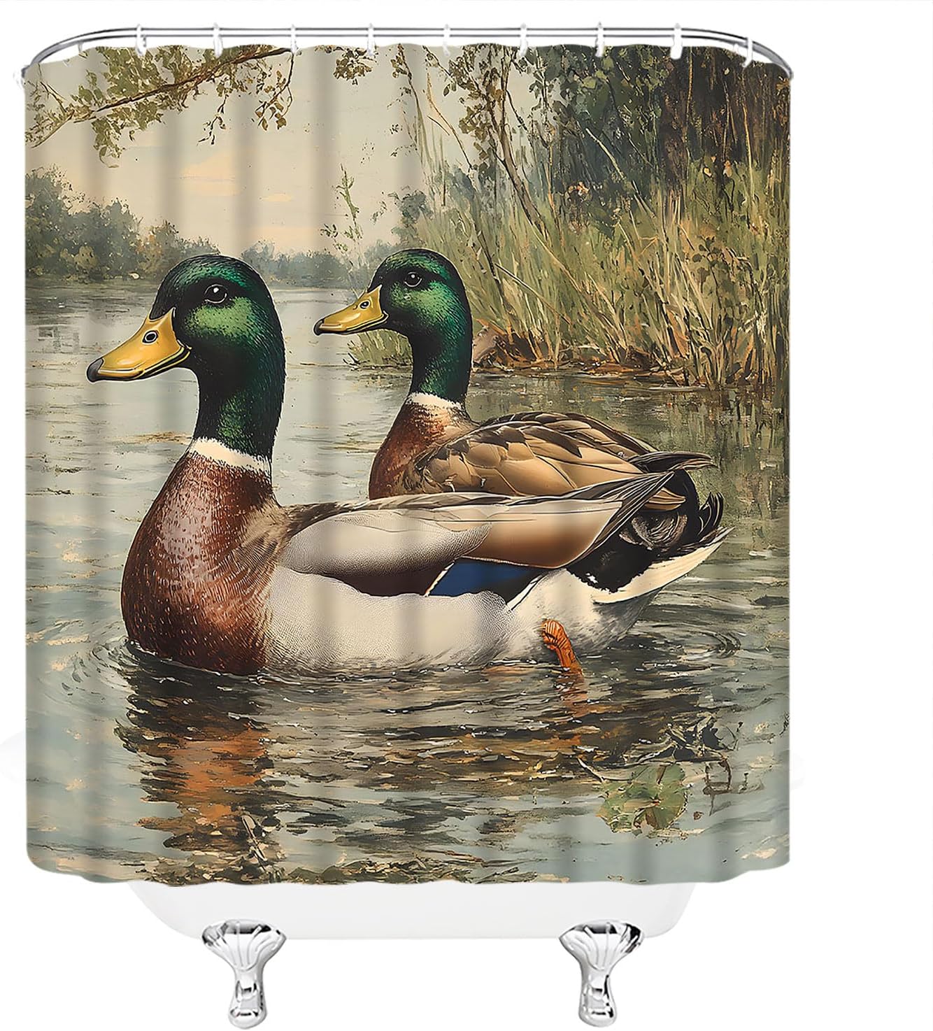 Mallard Duck Shower Curtain Vintage Lake Duck Hunting Theme Rustic Farmhouse Cabin Wild Animal Polyester Curtains Bathroom Decor with Hooks 78" Wx70 H