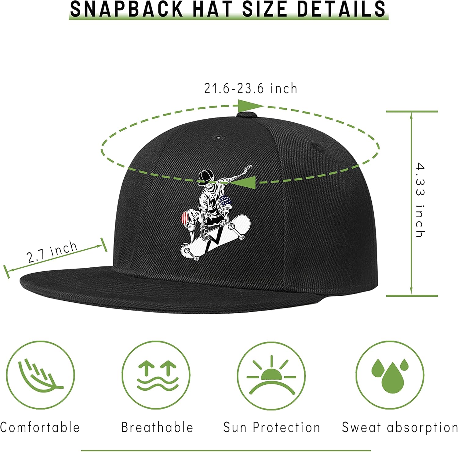 Snapback Hats for Men Flat Bill Brim Hats for Women Fitted Hat Skull Hats Cool Adults Baseball Cap Black Rock N Roll Caps - Image 2