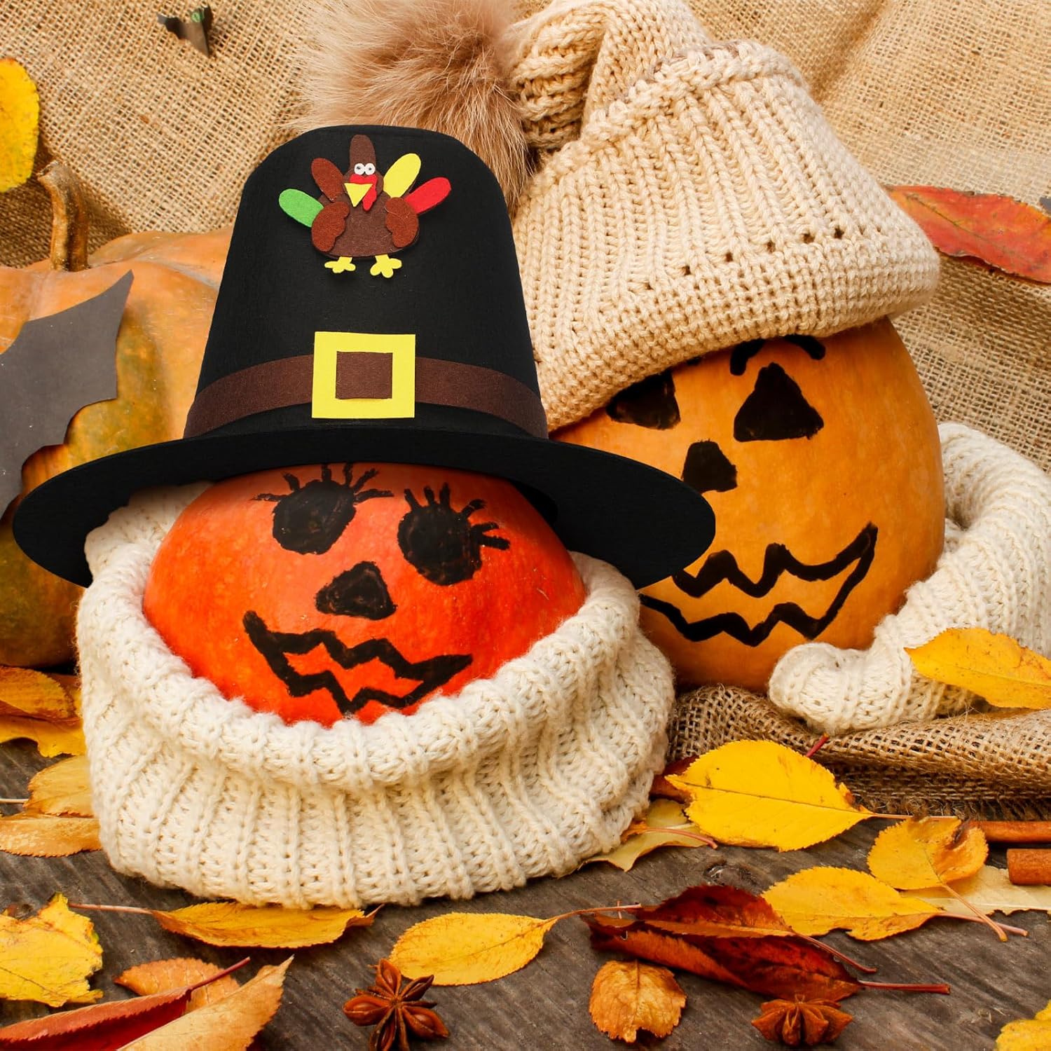 6 Pcs Thanksgiving Felt Pilgrim Hats Bulk for Adults Black Pilgrim Hat with Turkey Decoration and with Buckle in Gold Turkey Day Top Hat for Men Thanksgiving Party Cosplay Costume Accessory