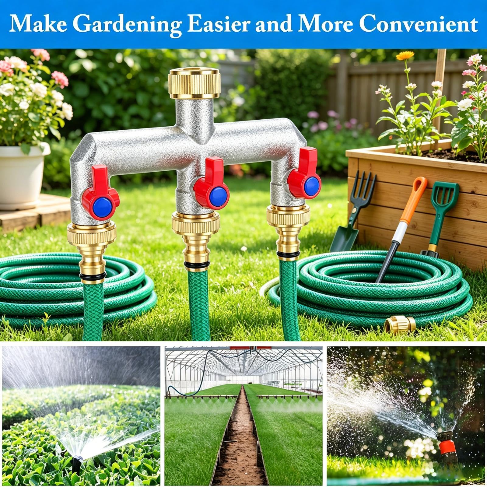Qianly Hose Splitter Conector de para Grifo Exterior Distribuidor de Agua Vías Latón Resistente Adecuado para Riego de Jardines Uso Doméstico, Azul Rojo