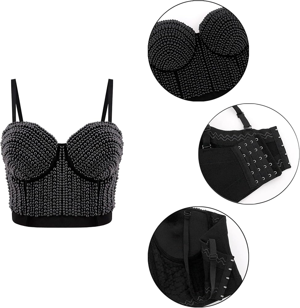Haoohu Woment's Pearls Beaded Bustier Crop Top Club Party Sexy