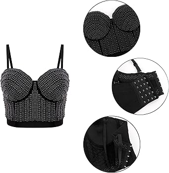 Haoohu Woment's Pearls Beaded Bustier Crop Top Club Party Sexy