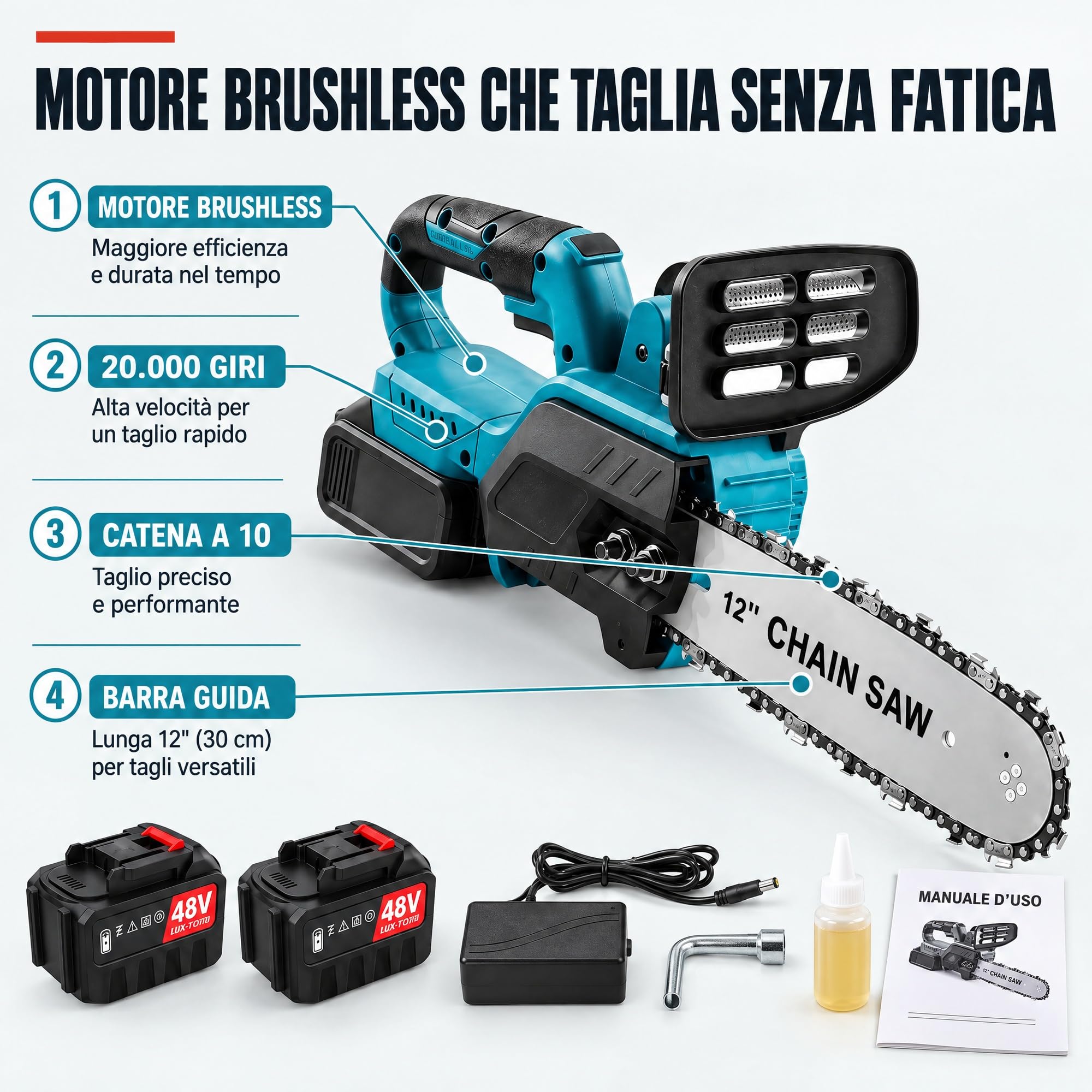 Motosega a Batteria Brushless 1500W con 2 Batterie 48V, Barra 30 cm